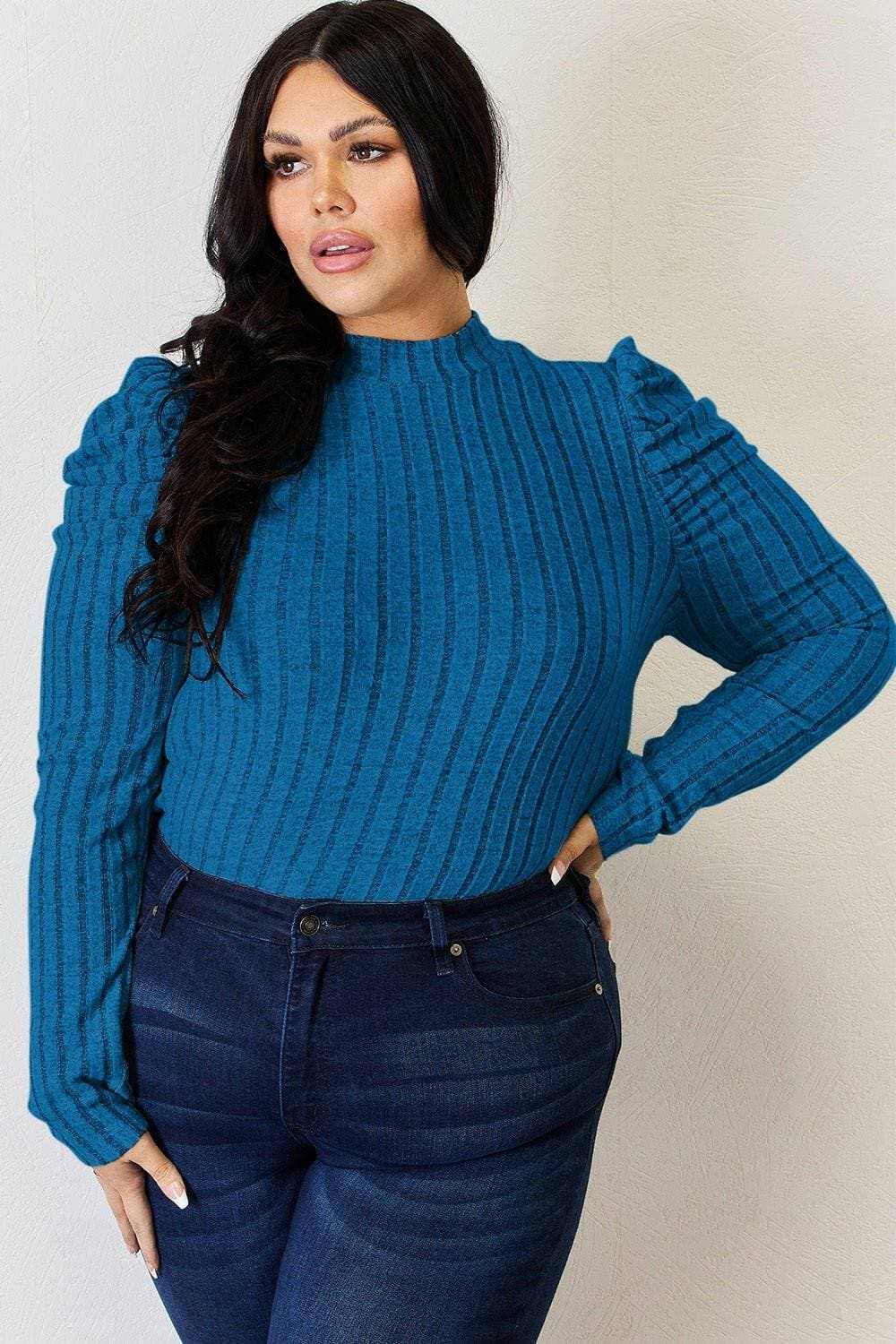 Women's Mock Neck Top Trendsi Women's Ribbed Mock Neck Puff Sleeve Top Long Sleeve
