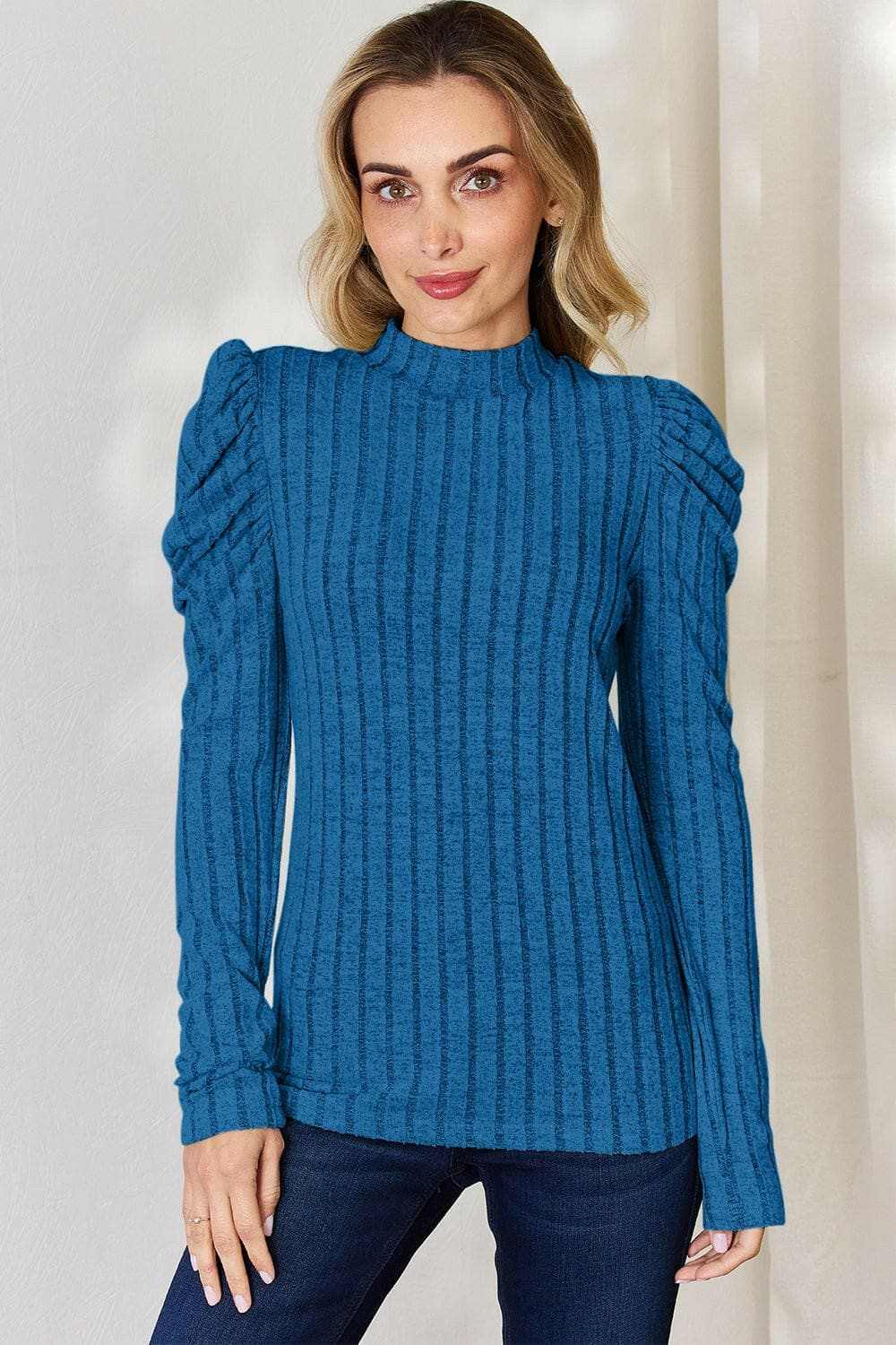 Women's Mock Neck Top Trendsi Women's Ribbed Mock Neck Puff Sleeve Top Long Sleeve
