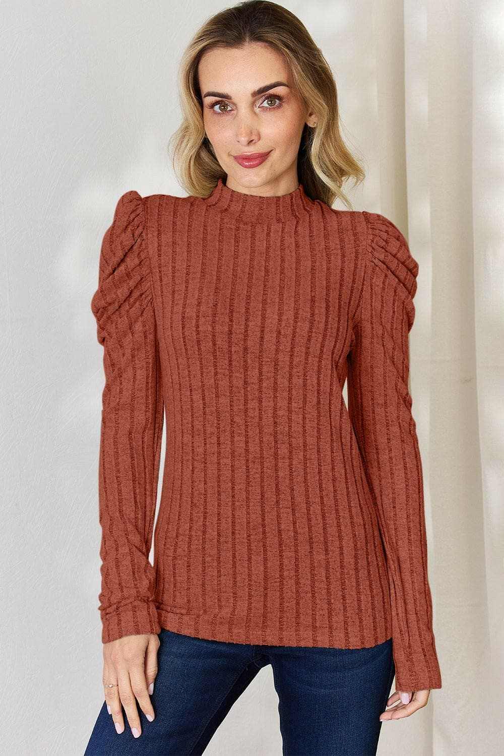 Women's Mock Neck Top Trendsi Women's Ribbed Mock Neck Puff Sleeve Top Long Sleeve
