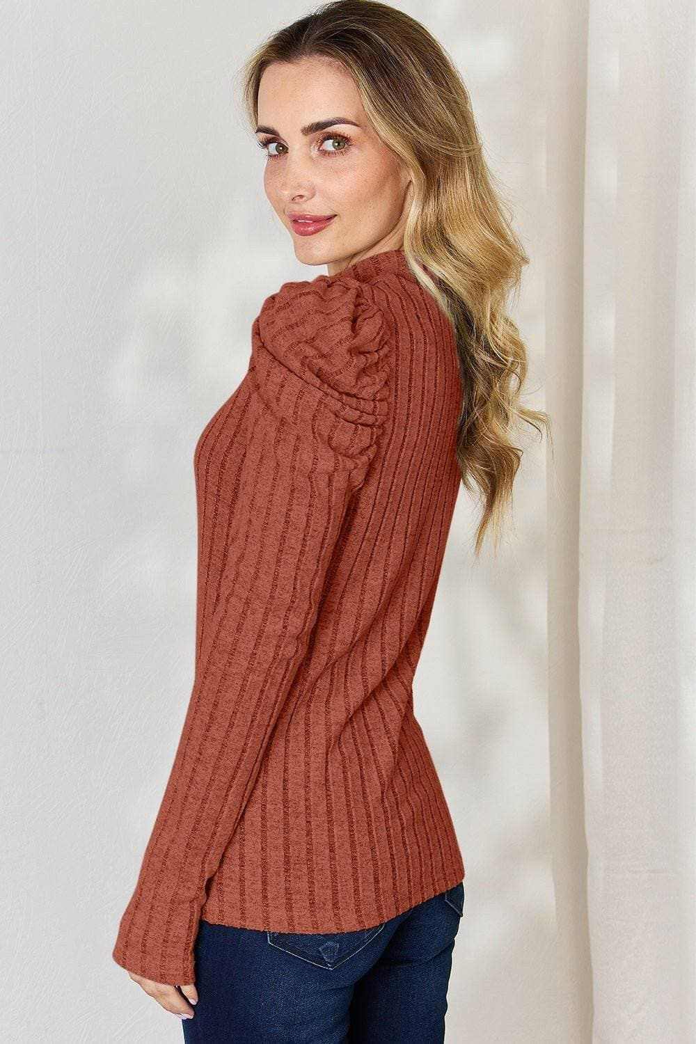Women's Mock Neck Top Trendsi Women's Ribbed Mock Neck Puff Sleeve Top Long Sleeve
