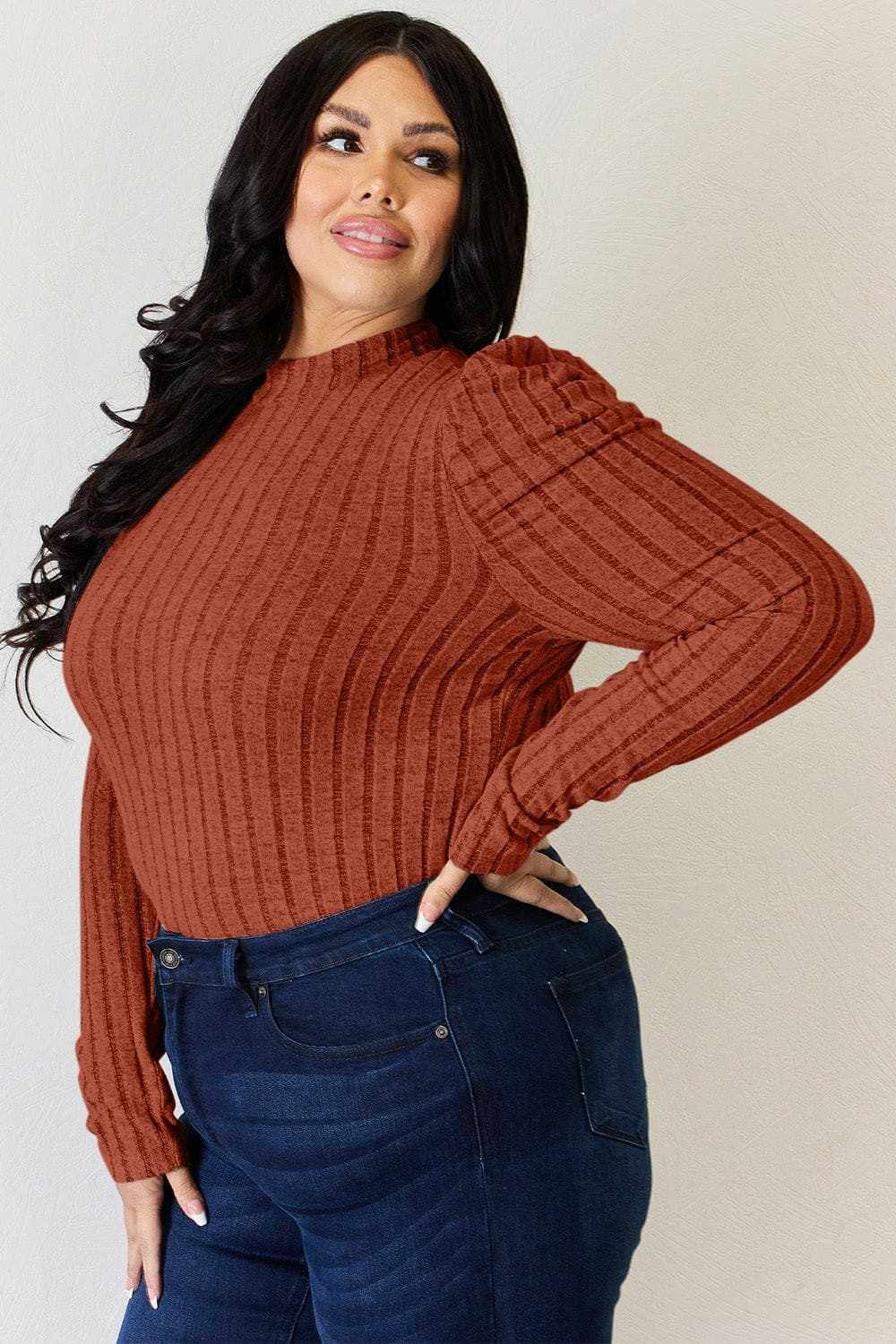 Women's Mock Neck Top Trendsi Women's Ribbed Mock Neck Puff Sleeve Top Long Sleeve