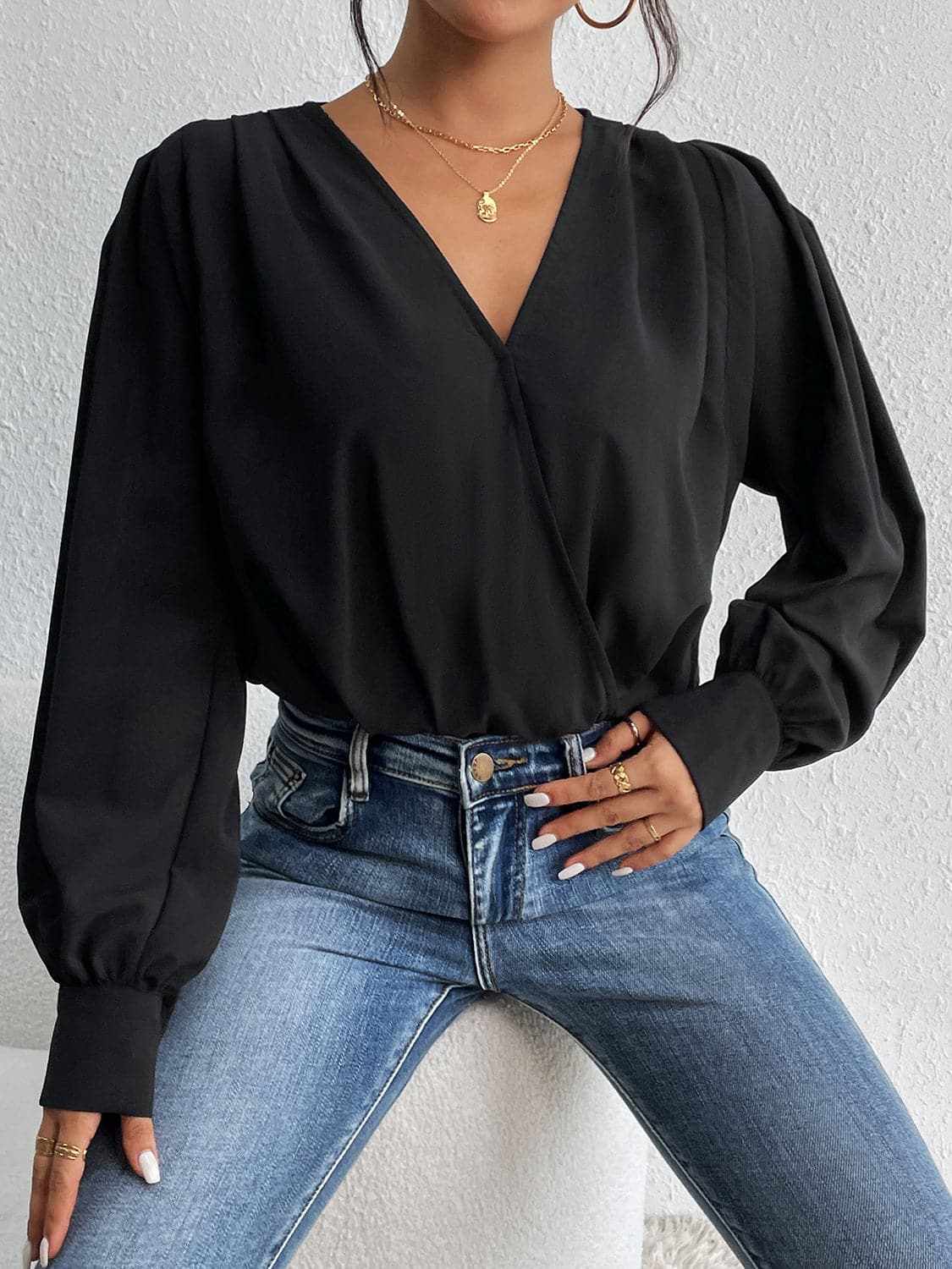Dresses Trendsi Ruched Bodysuit Dress Long Sleeves Polyester