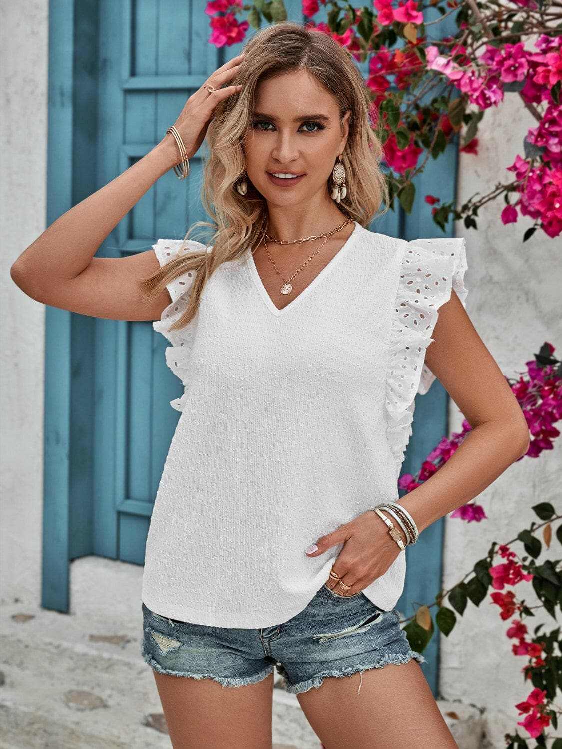 T-Shirts Trendsi just arrived - Ruffled v-neck cap sleeve blouse