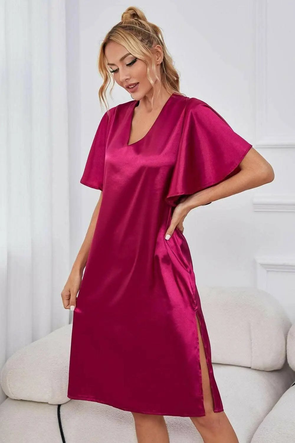 Satin Nightgown | Trendsi V-Neck Flutter Sleeve