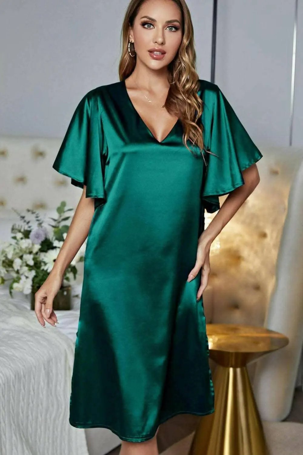 Satin Nightgown | Trendsi V-Neck Flutter Sleeve