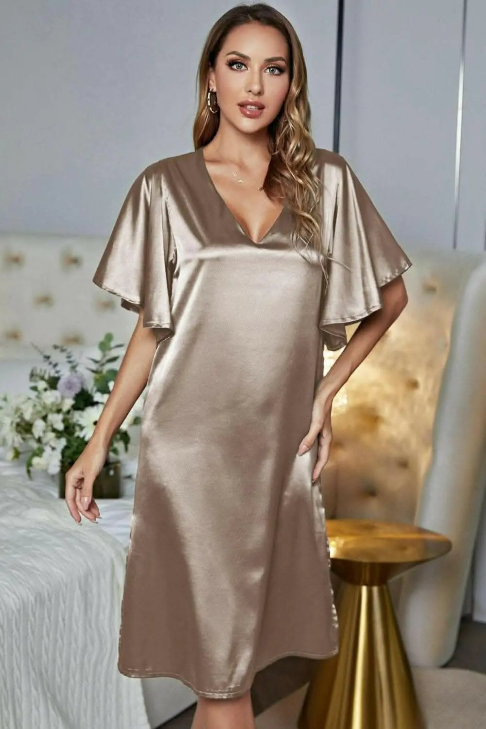 Satin Nightgown | Trendsi V-Neck Flutter Sleeve