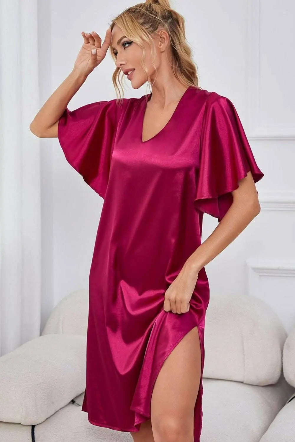 Satin Nightgown | Trendsi V-Neck Flutter Sleeve