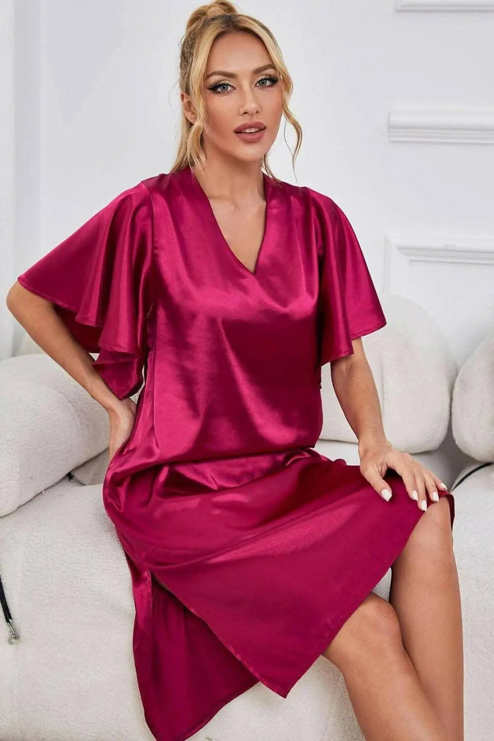 Satin Nightgown | Trendsi V-Neck Flutter Sleeve
