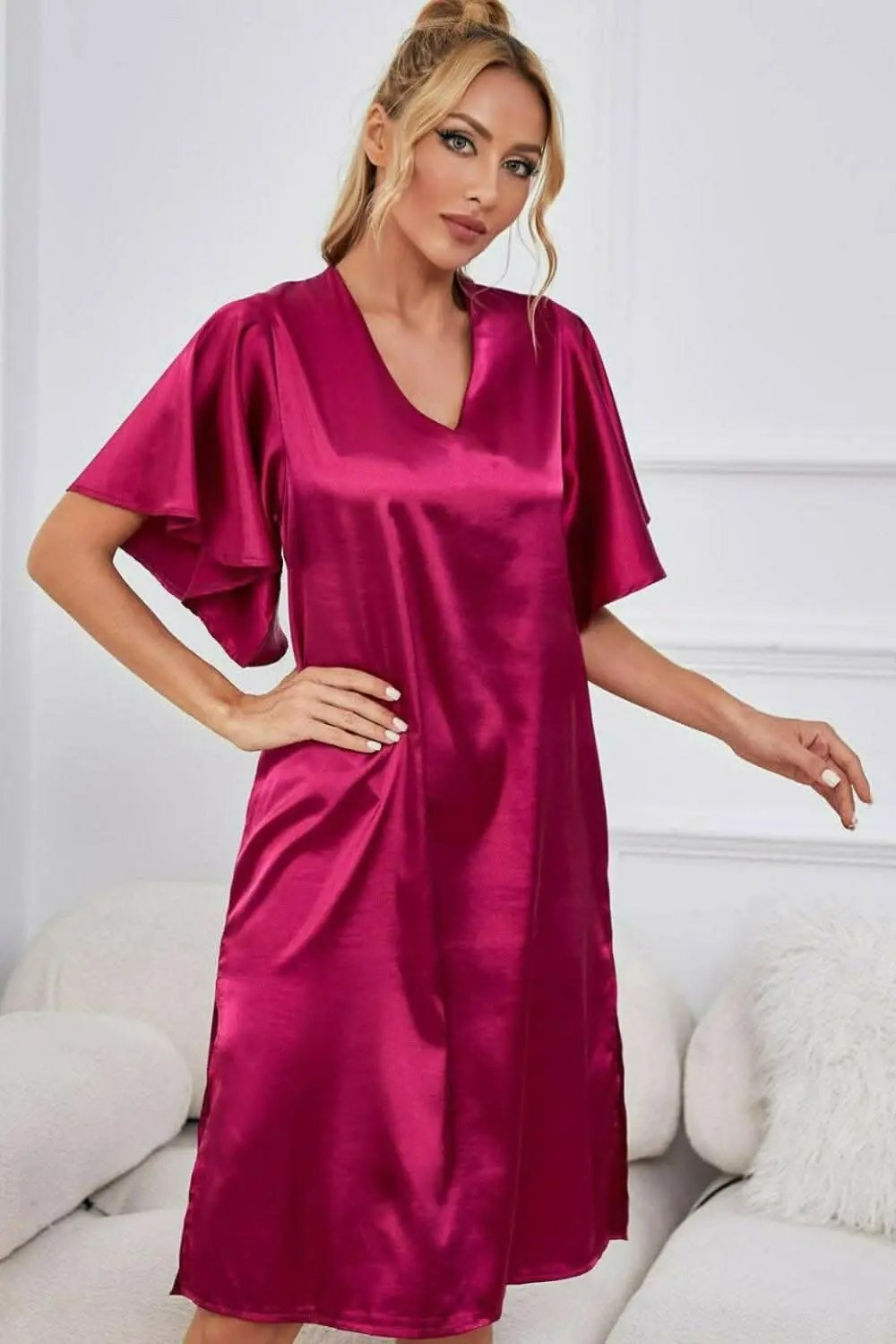 Satin Nightgown | Trendsi V-Neck Flutter Sleeve