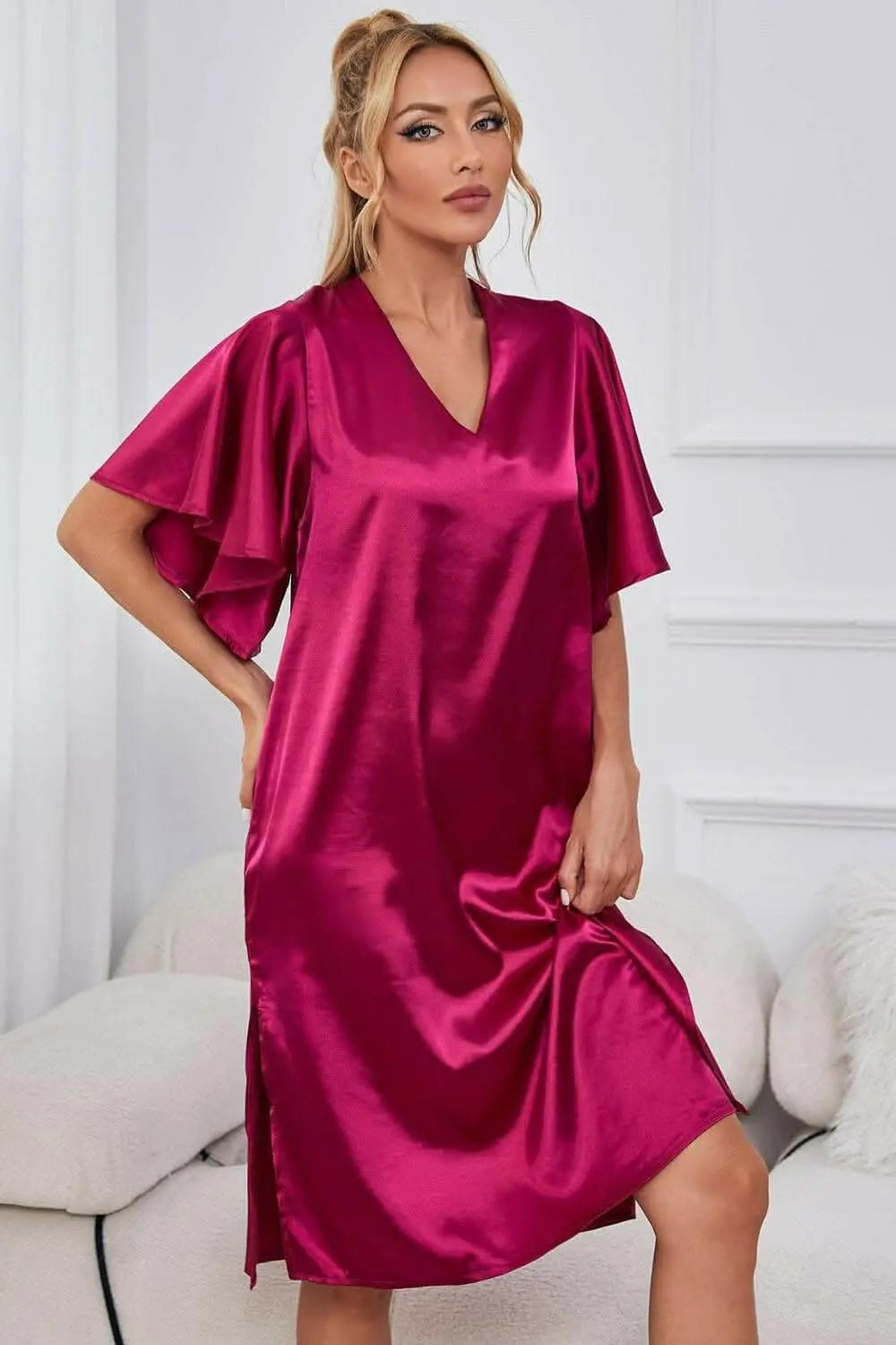 Satin Nightgown | Trendsi V-Neck Flutter Sleeve