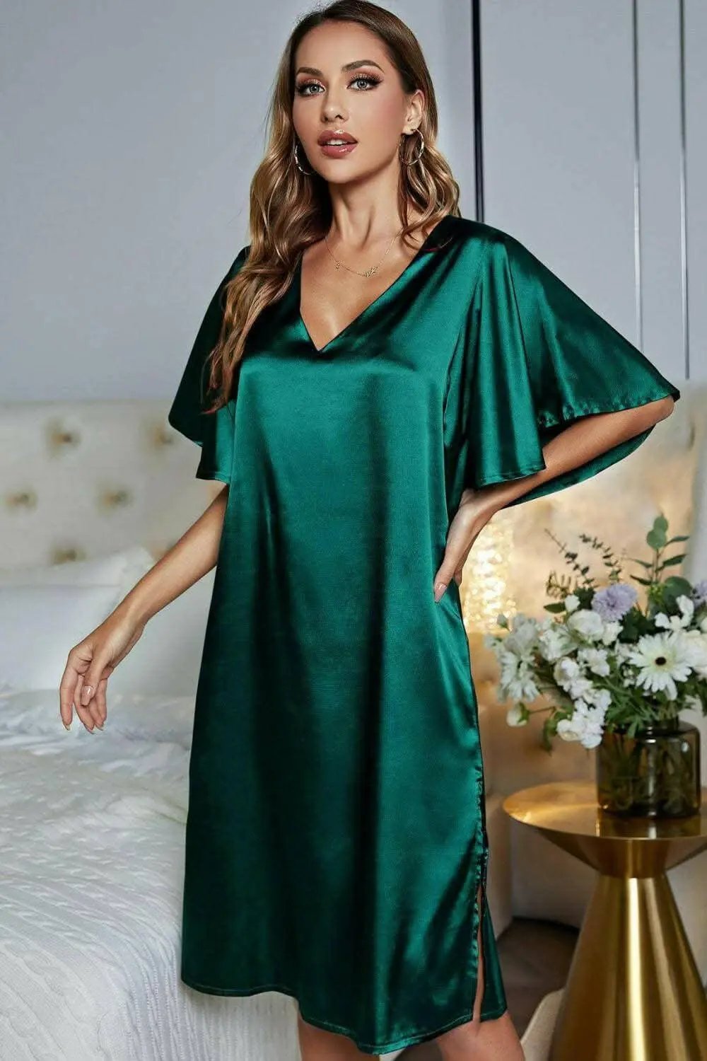 Satin Nightgown | Trendsi V-Neck Flutter Sleeve
