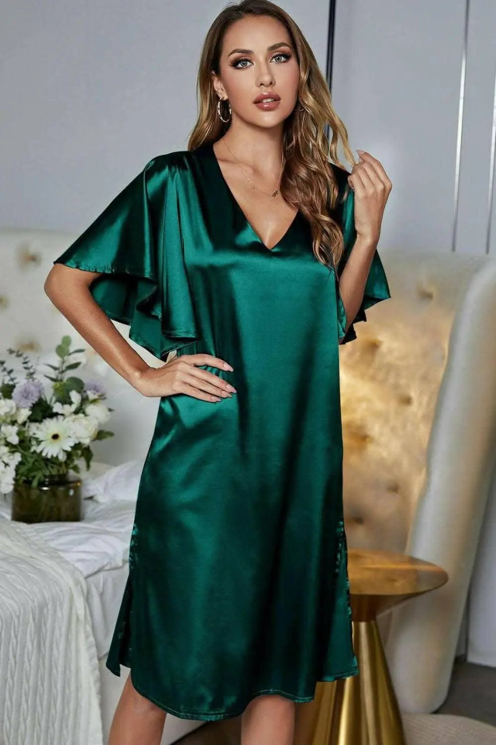 Satin Nightgown | Trendsi V-Neck Flutter Sleeve