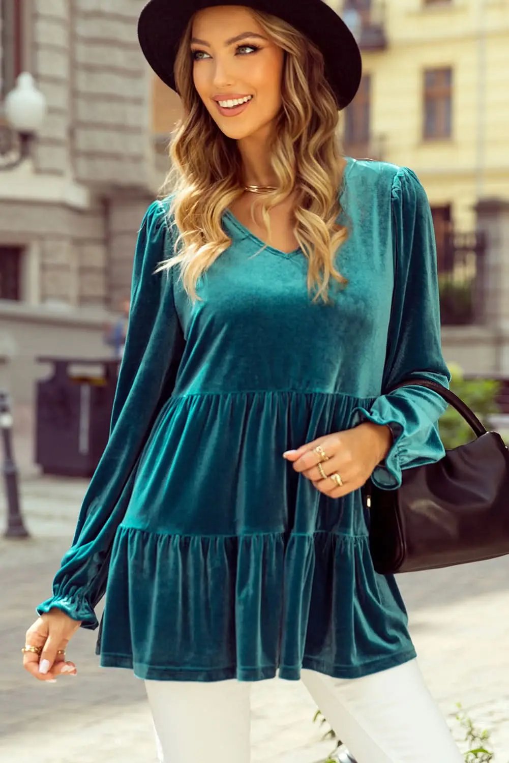 Love Salve Velvet Peplum Blouse — Elegant V-Neck Top for Daily Wear