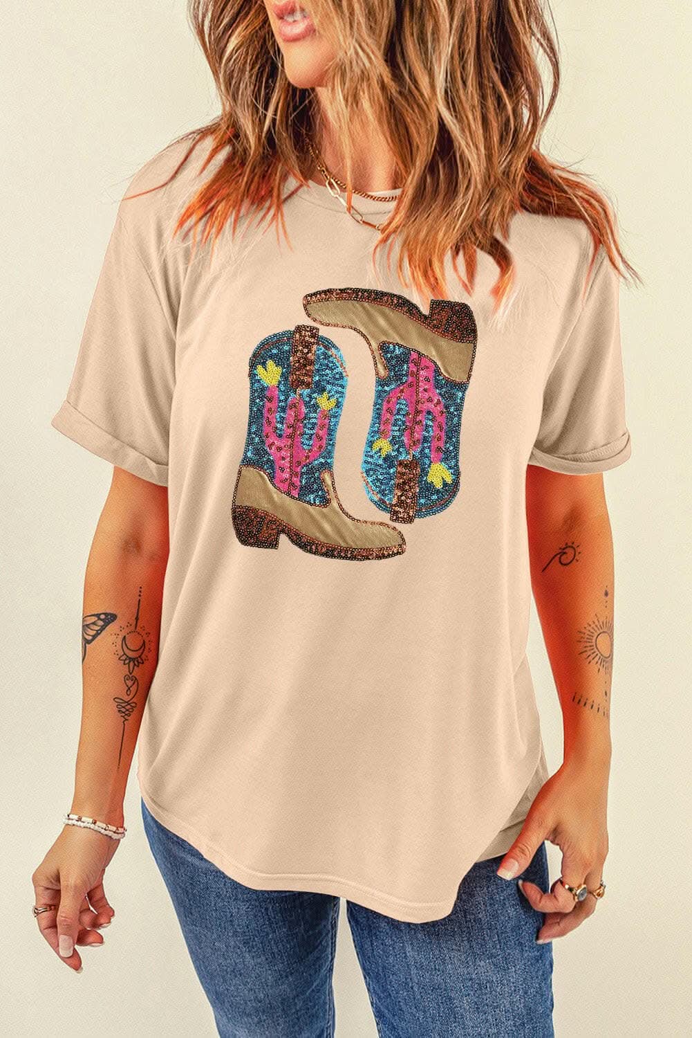 Sequin Short Sleeve Top by Trendsi - Eggshell