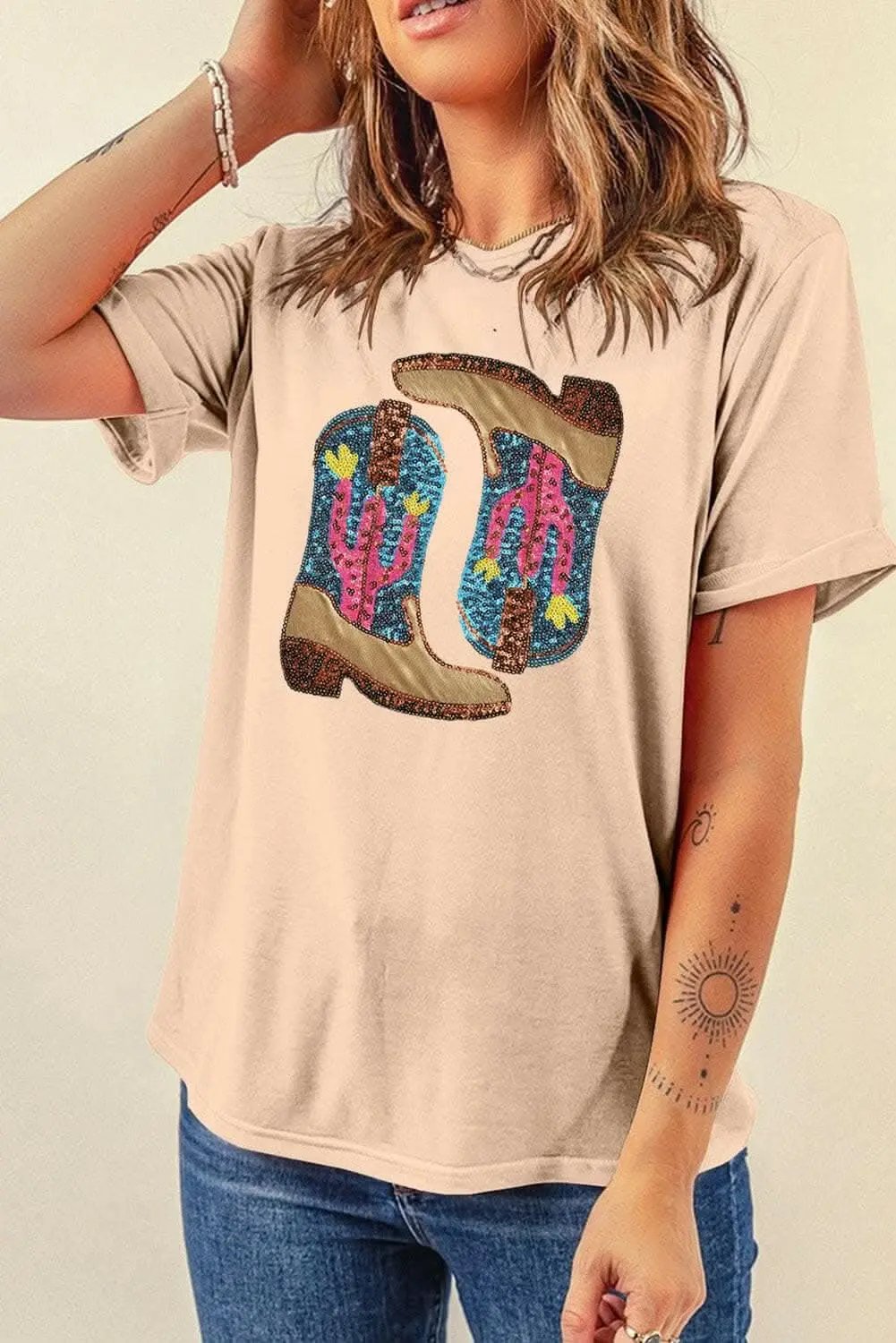 Sequin Short Sleeve Top by Trendsi - Eggshell