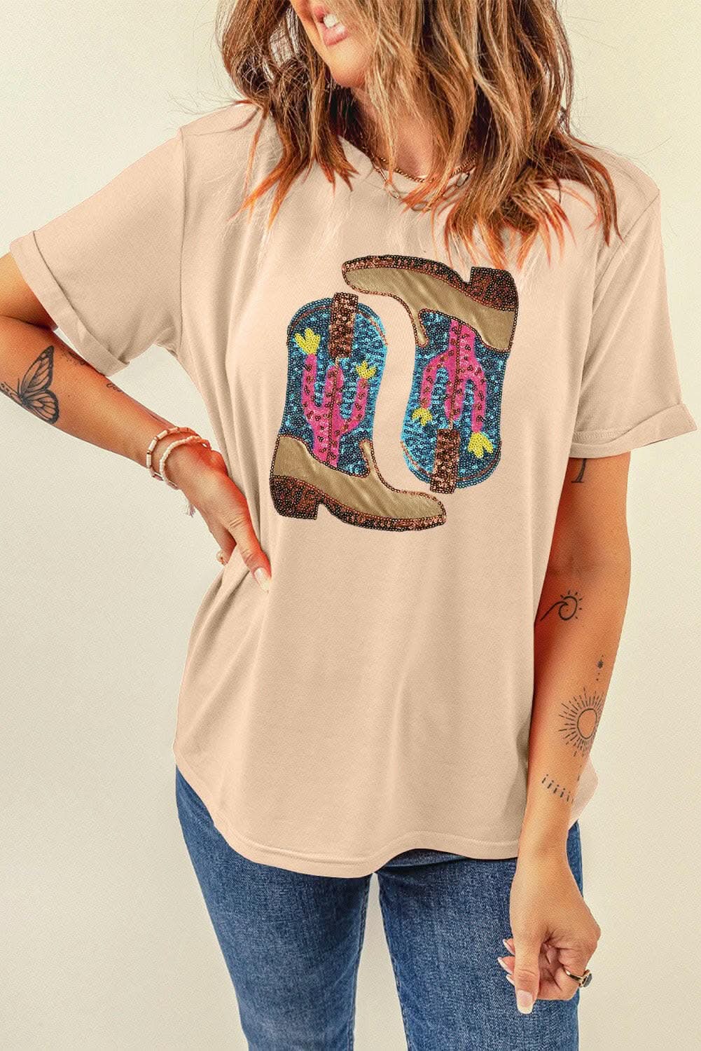 Sequin Short Sleeve Top by Trendsi - Eggshell