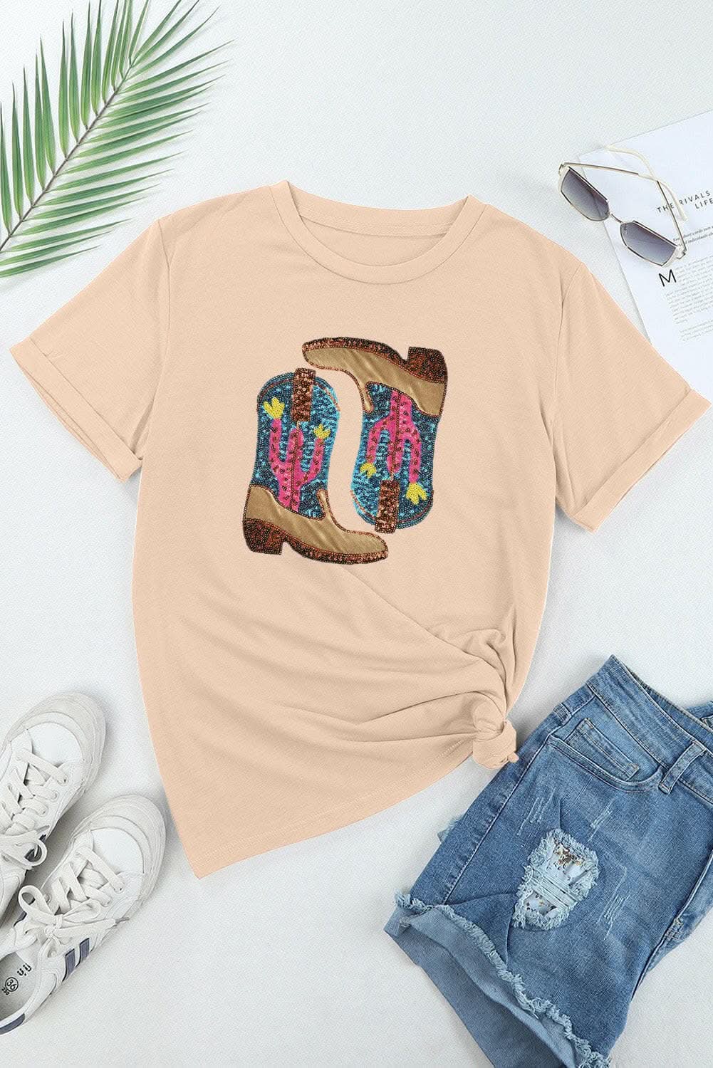 Sequin Short Sleeve Top by Trendsi - Eggshell