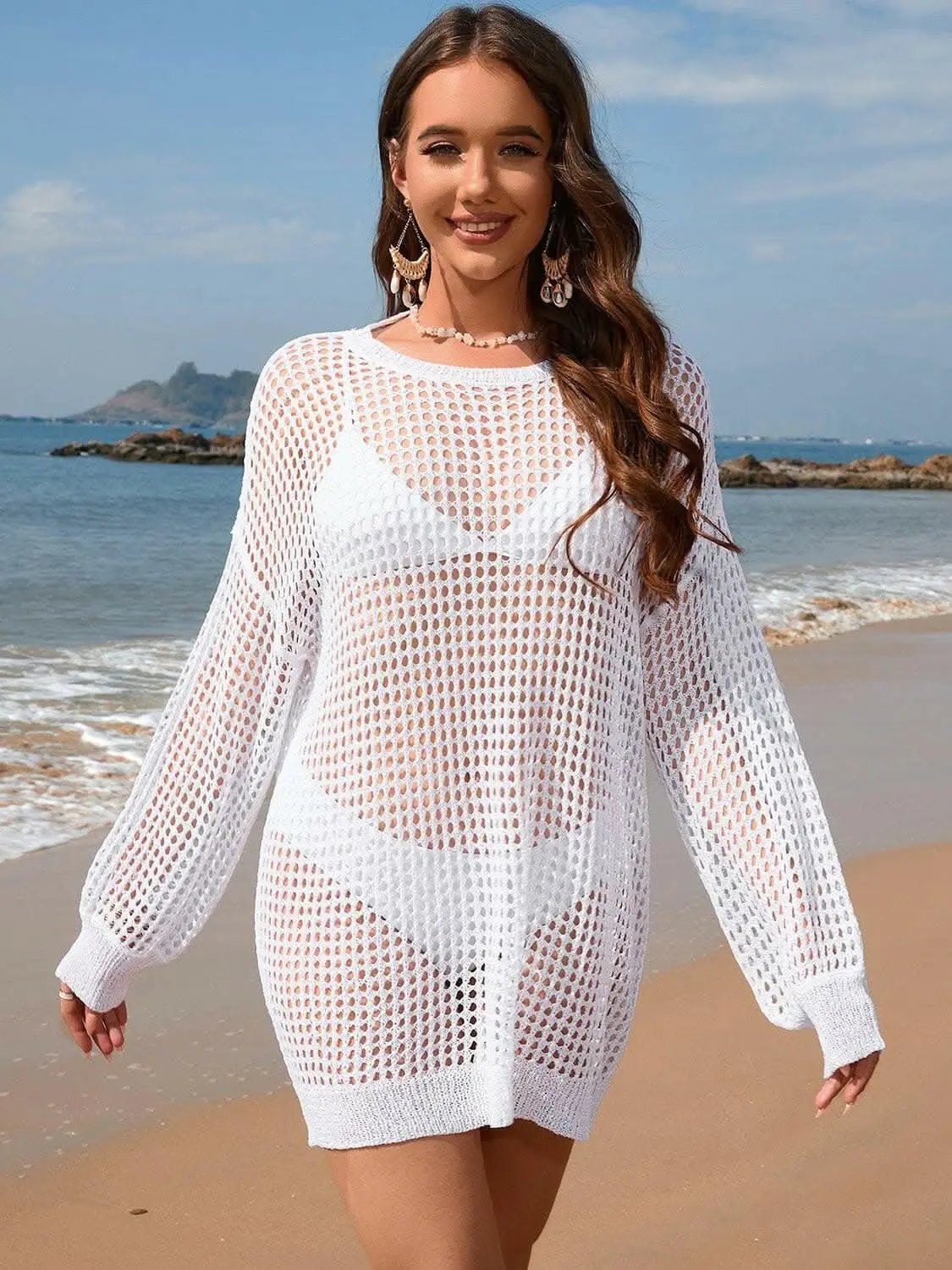 T-Shirts Trendsi swimwear - Sheer beach cover-up with boat neck