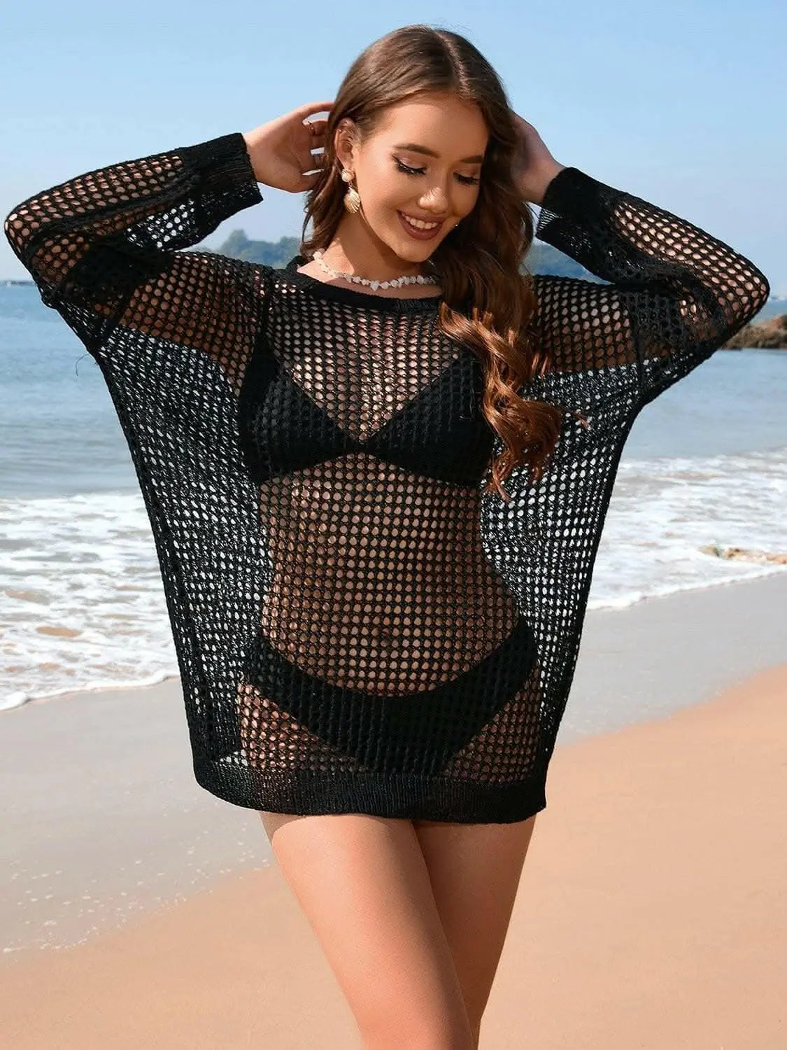 T-Shirts Trendsi swimwear - Sheer beach cover-up with boat neck