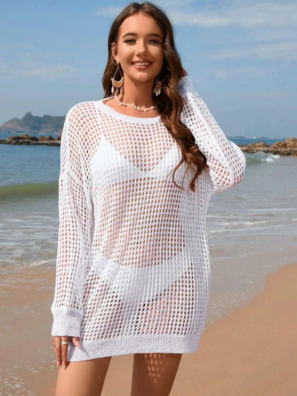 T-Shirts Trendsi swimwear - Sheer beach cover-up with boat neck