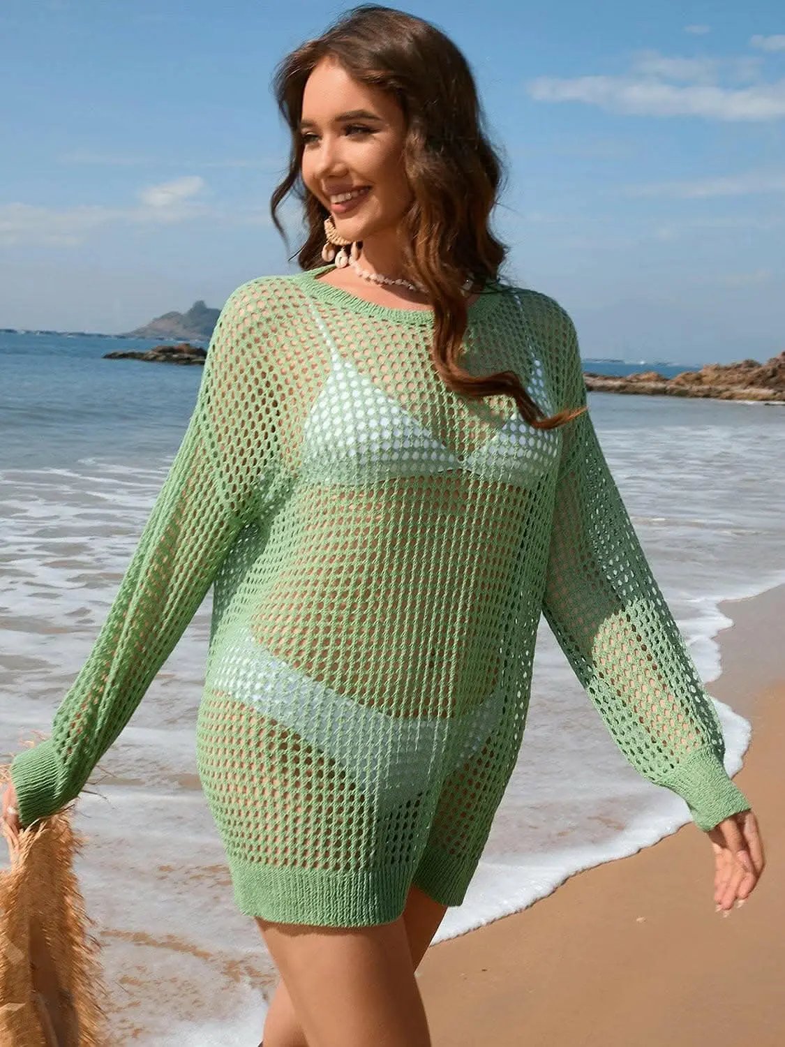 T-Shirts Trendsi swimwear - Sheer beach cover-up with boat neck