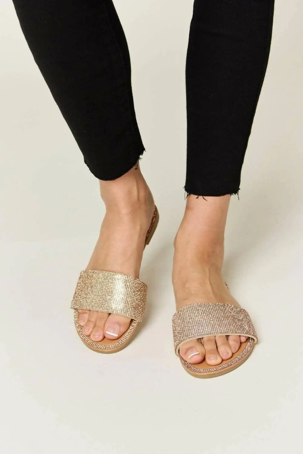 Rhinestone Flat Sandals by Trendsi — Sparkle Rose Gold