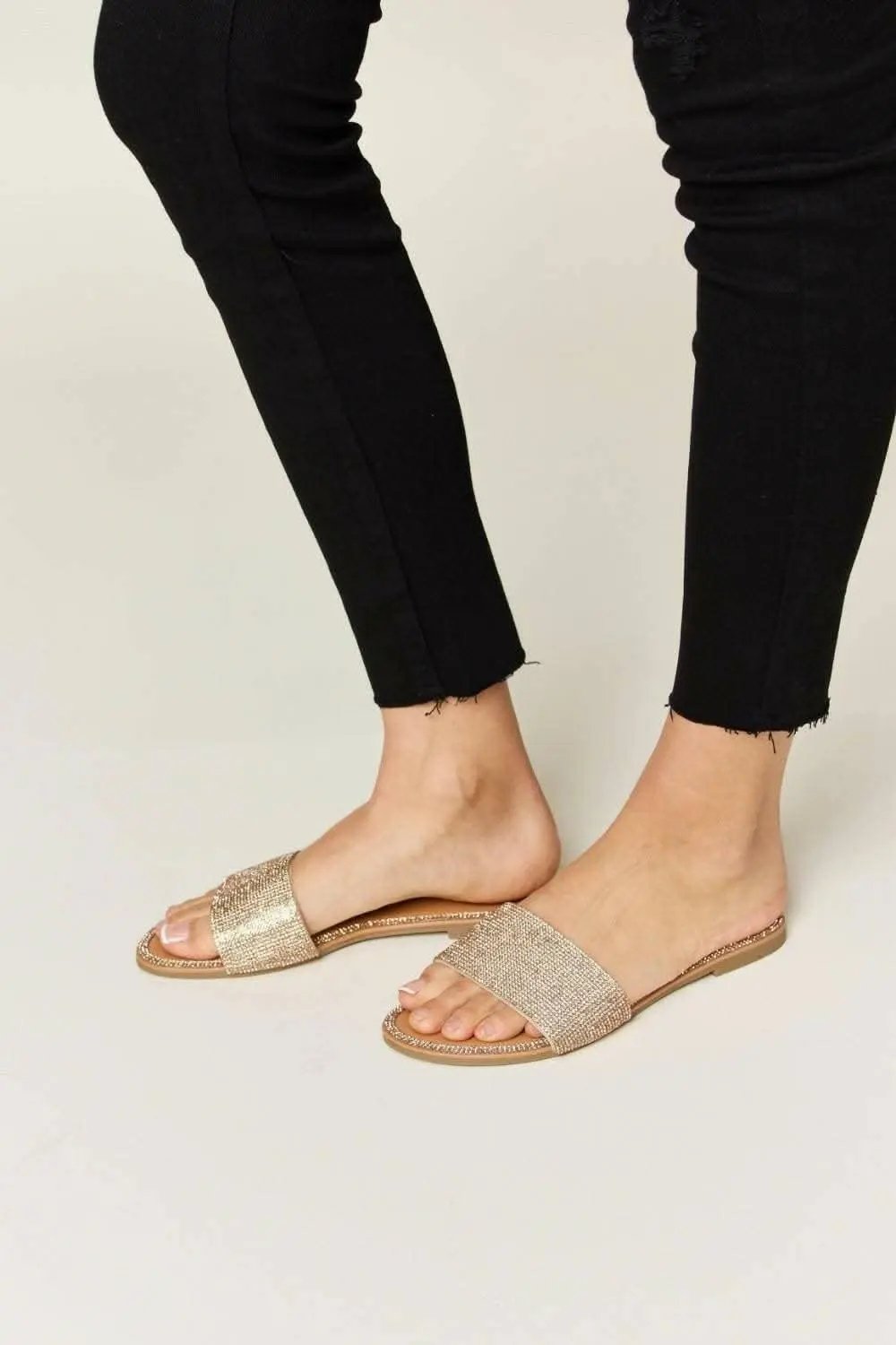 Rhinestone Flat Sandals by Trendsi — Sparkle Rose Gold