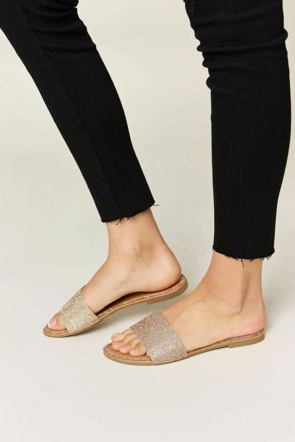 Rhinestone Flat Sandals by Trendsi — Sparkle Rose Gold