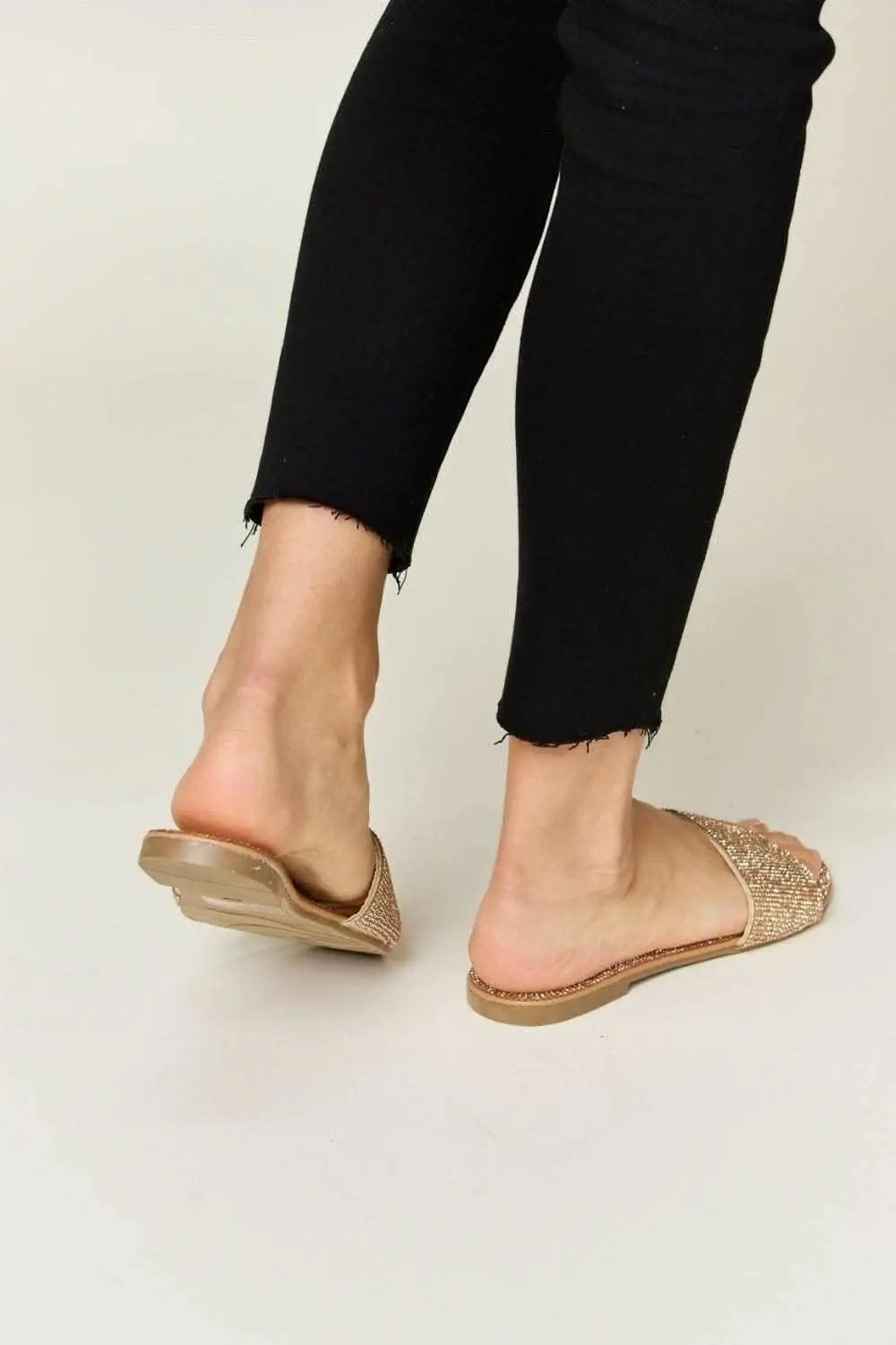 Rhinestone Flat Sandals by Trendsi — Sparkle Rose Gold