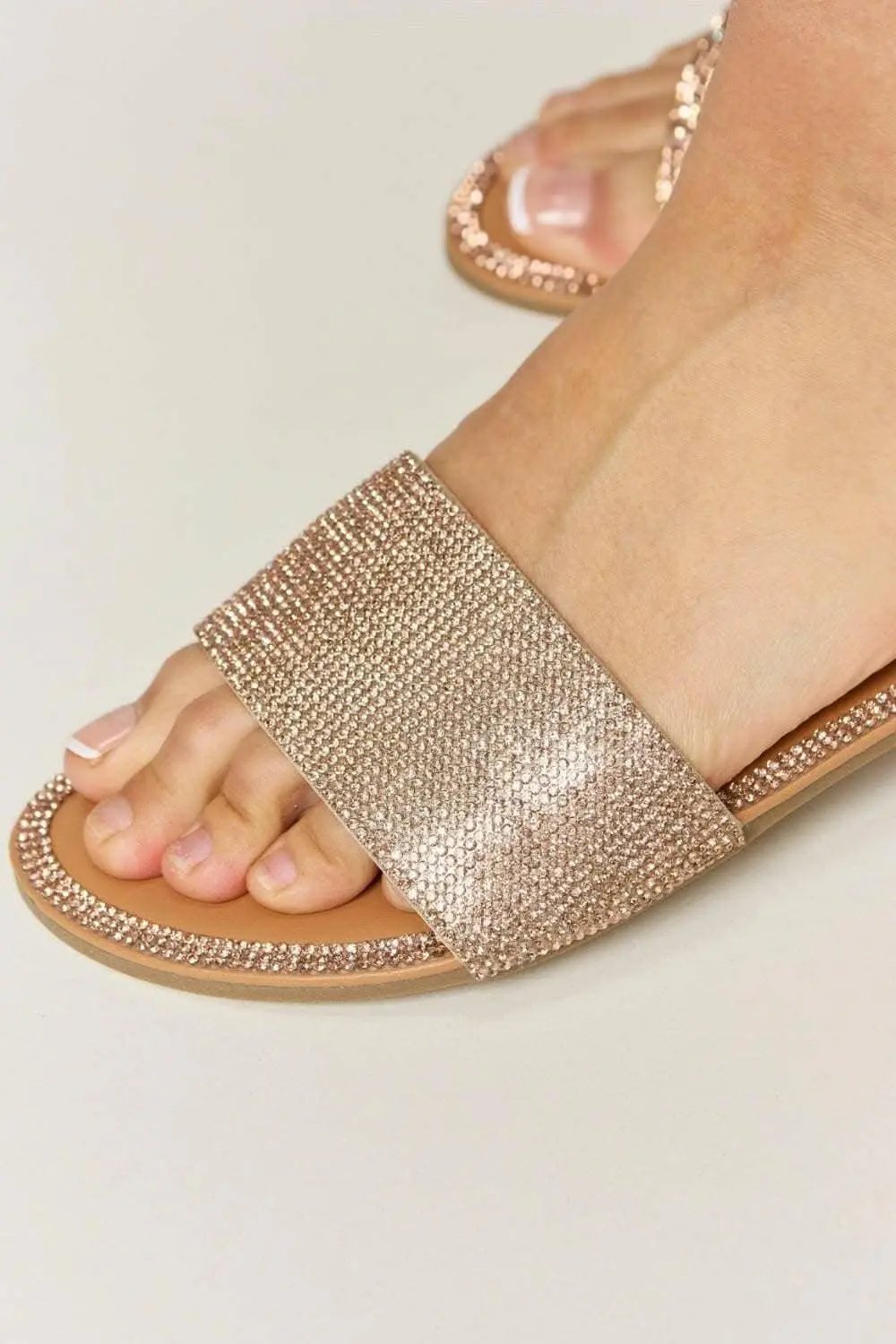 Rhinestone Flat Sandals by Trendsi — Sparkle Rose Gold