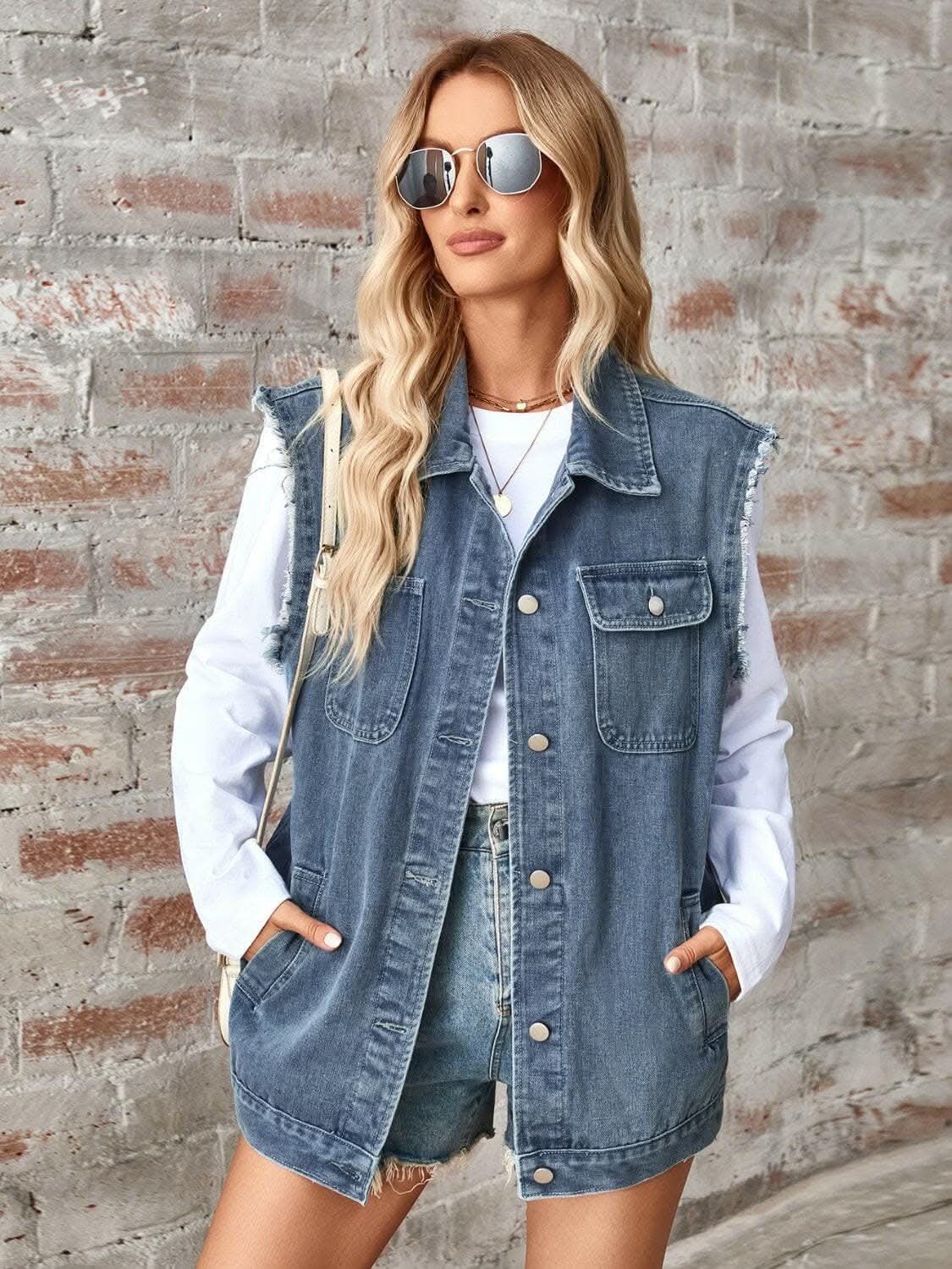 Jackets Trendsi Sleeveless denim jacket with raw hem