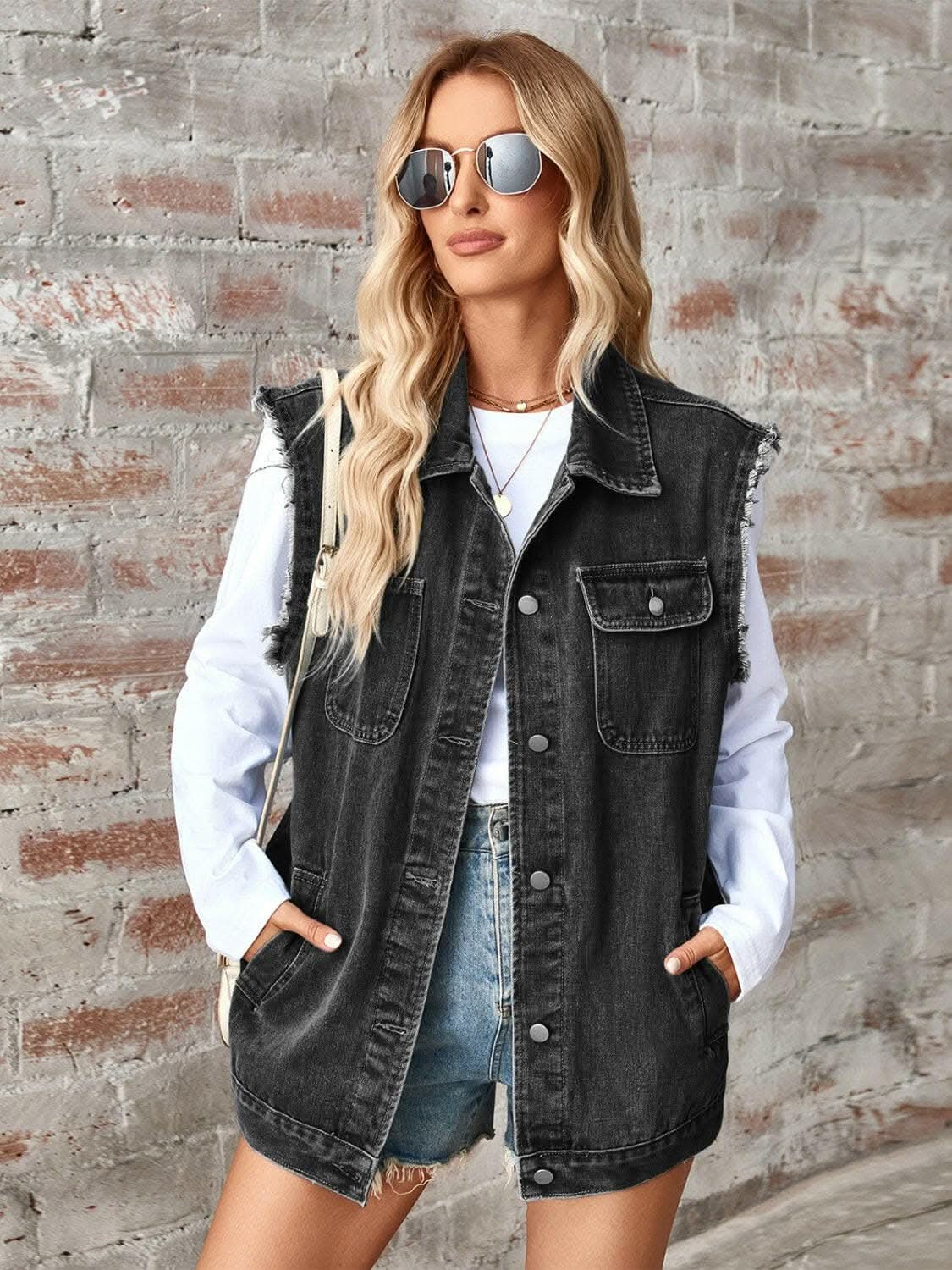 Jackets Trendsi Sleeveless denim jacket with raw hem