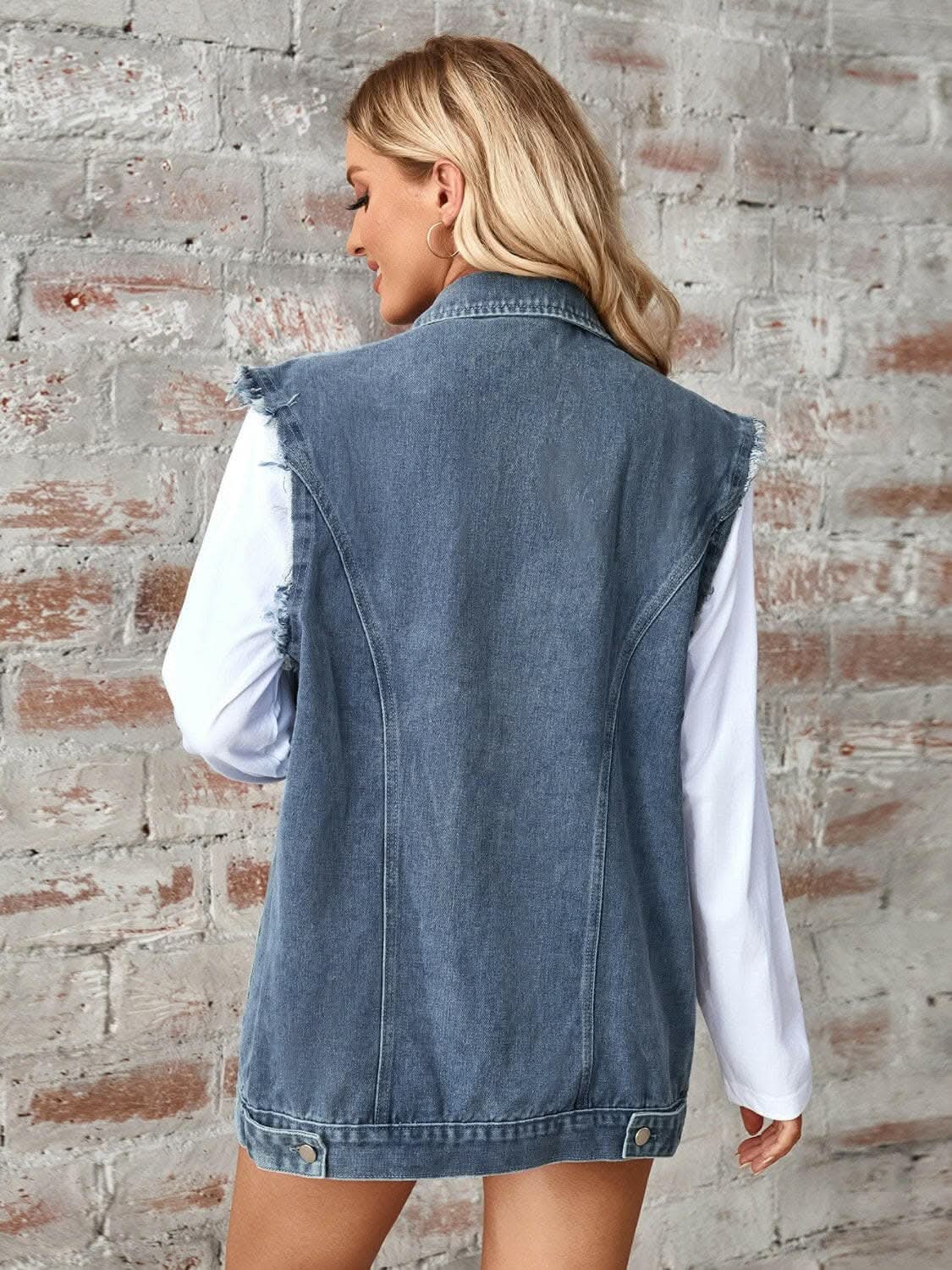 Jackets Trendsi Sleeveless denim jacket with raw hem