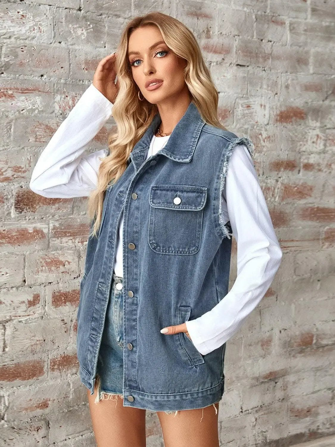 Jackets Trendsi Sleeveless denim jacket with raw hem