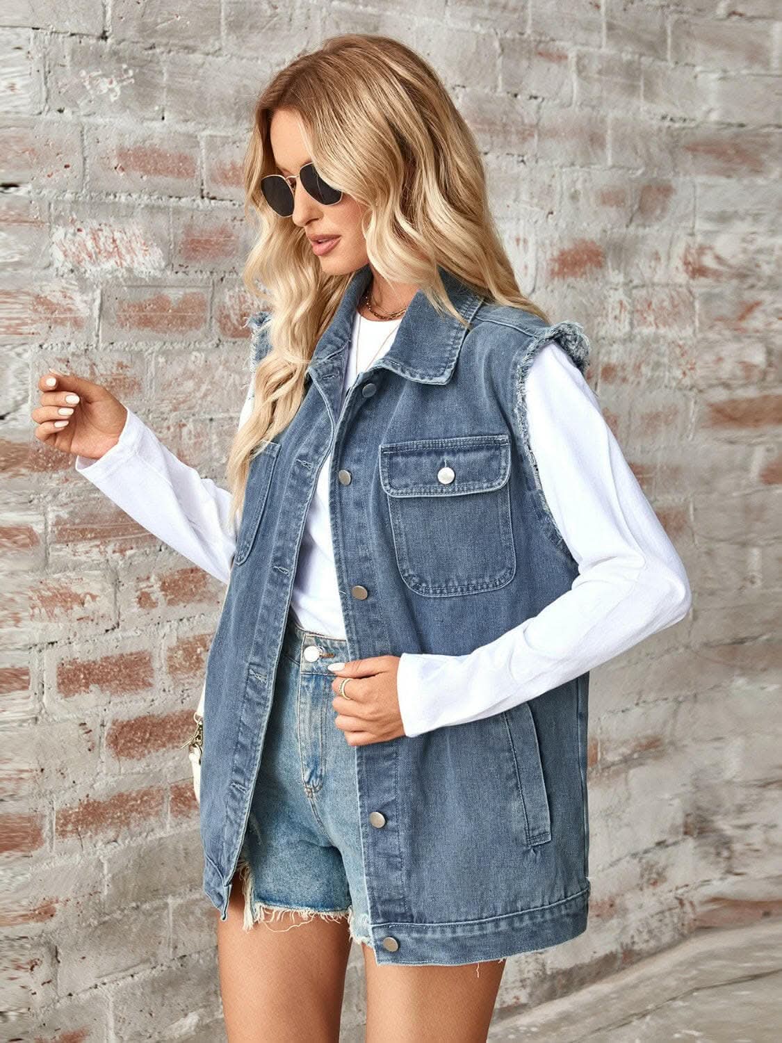 Jackets Trendsi Sleeveless denim jacket with raw hem