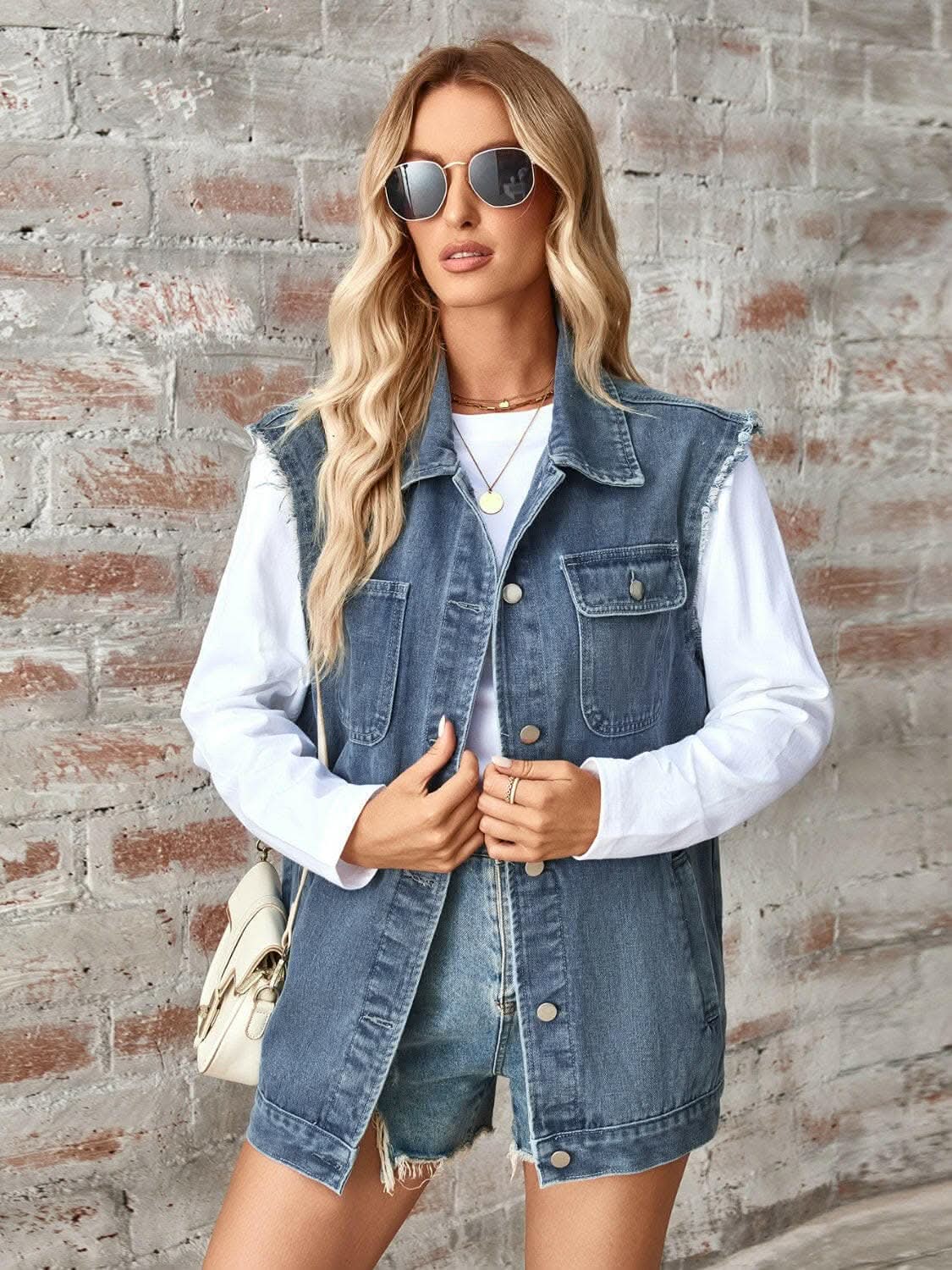 Jackets Trendsi Sleeveless denim jacket with raw hem