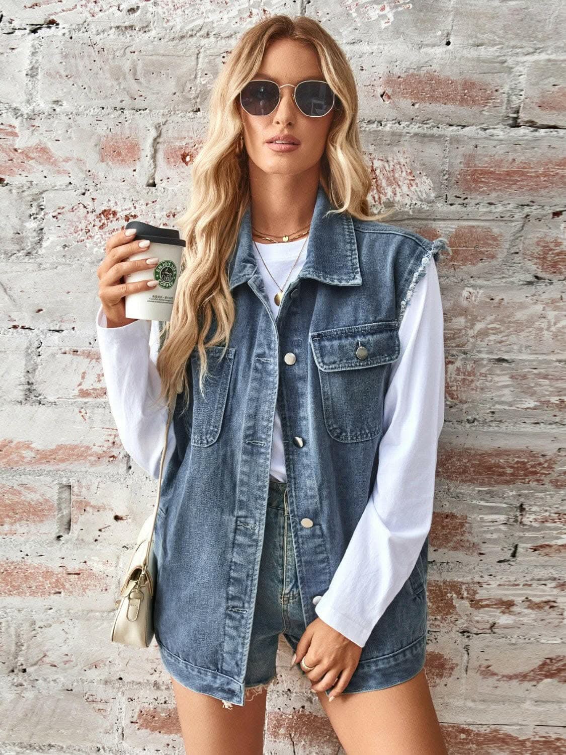 Jackets Trendsi Sleeveless denim jacket with raw hem