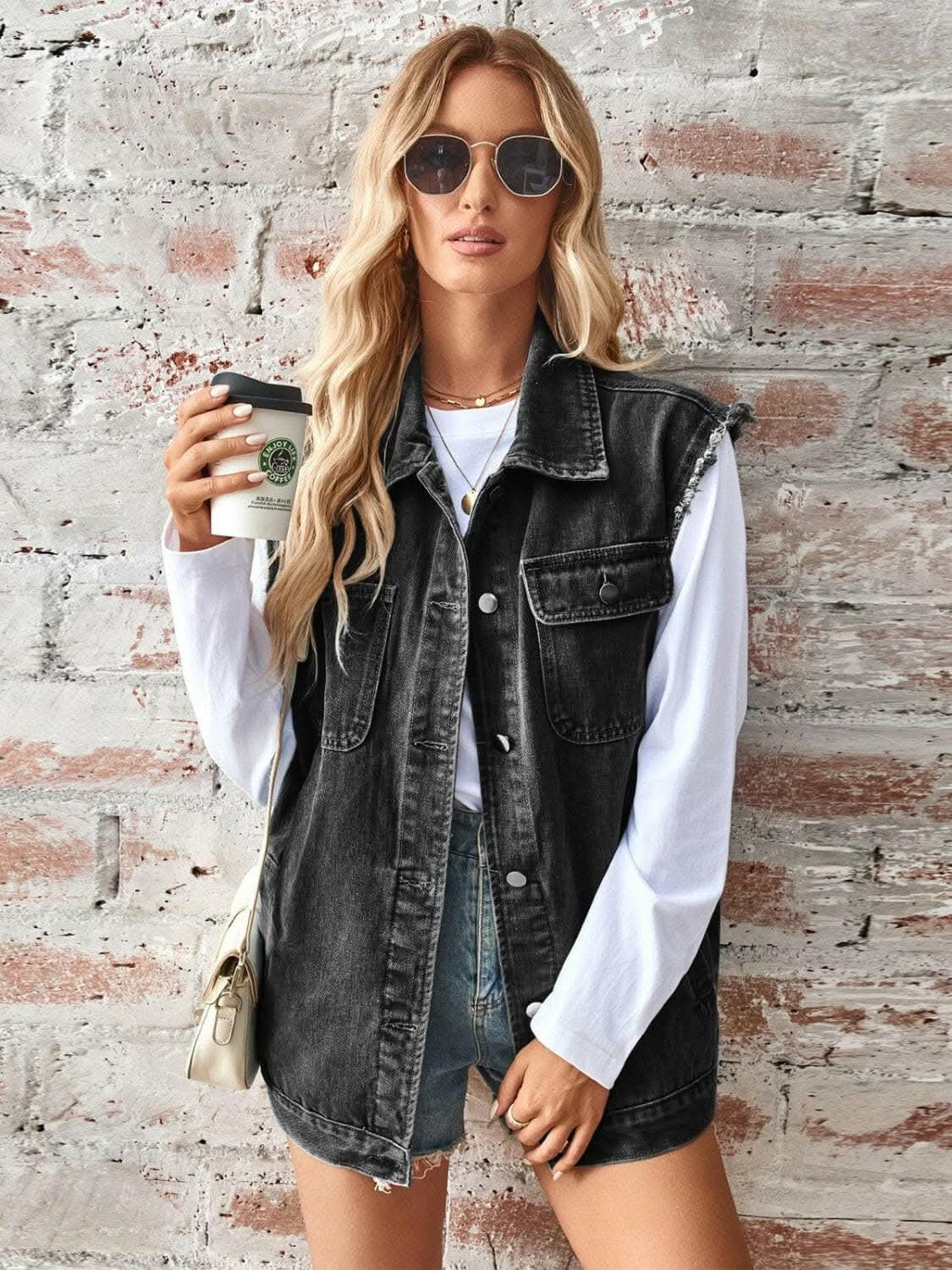Jackets Trendsi Sleeveless denim jacket with raw hem