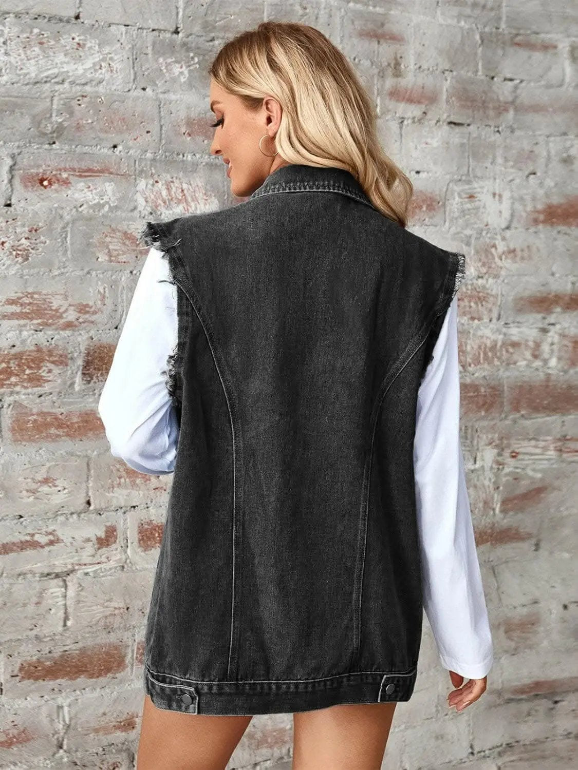 Jackets Trendsi Sleeveless denim jacket with raw hem
