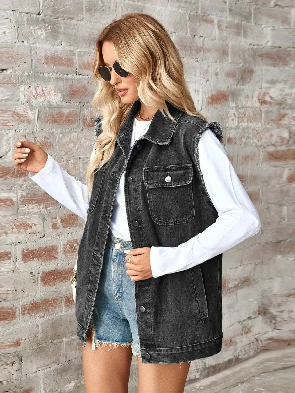 Jackets Trendsi Sleeveless denim jacket with raw hem