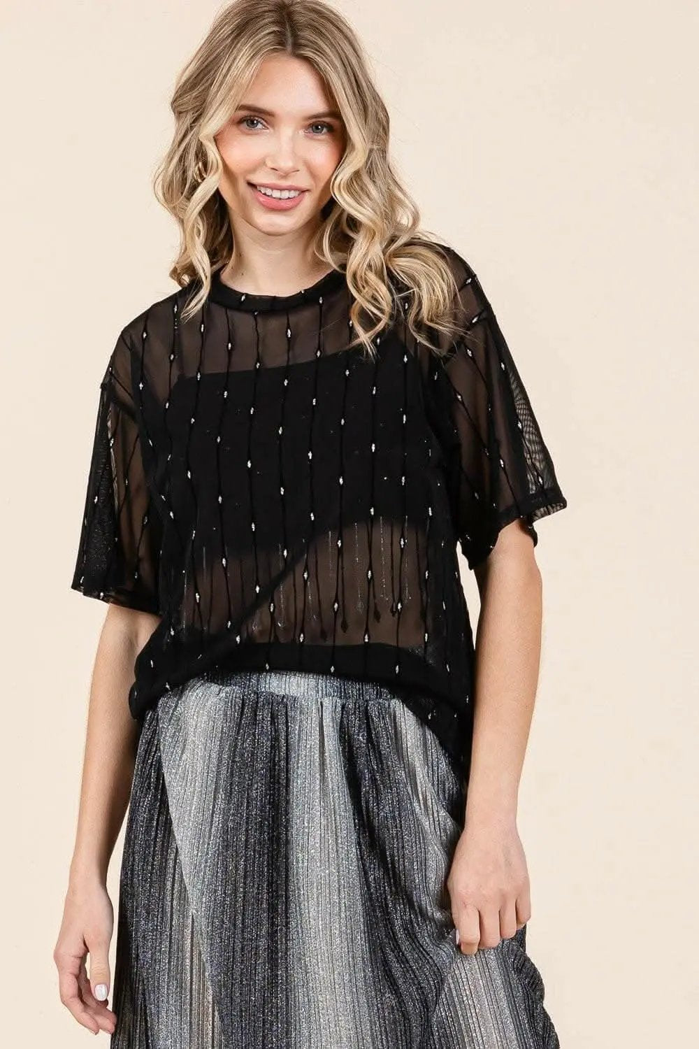 Pants Trendsi Sparkling Mesh Top Women's Party/Club Top Sexy Drop Shoulder