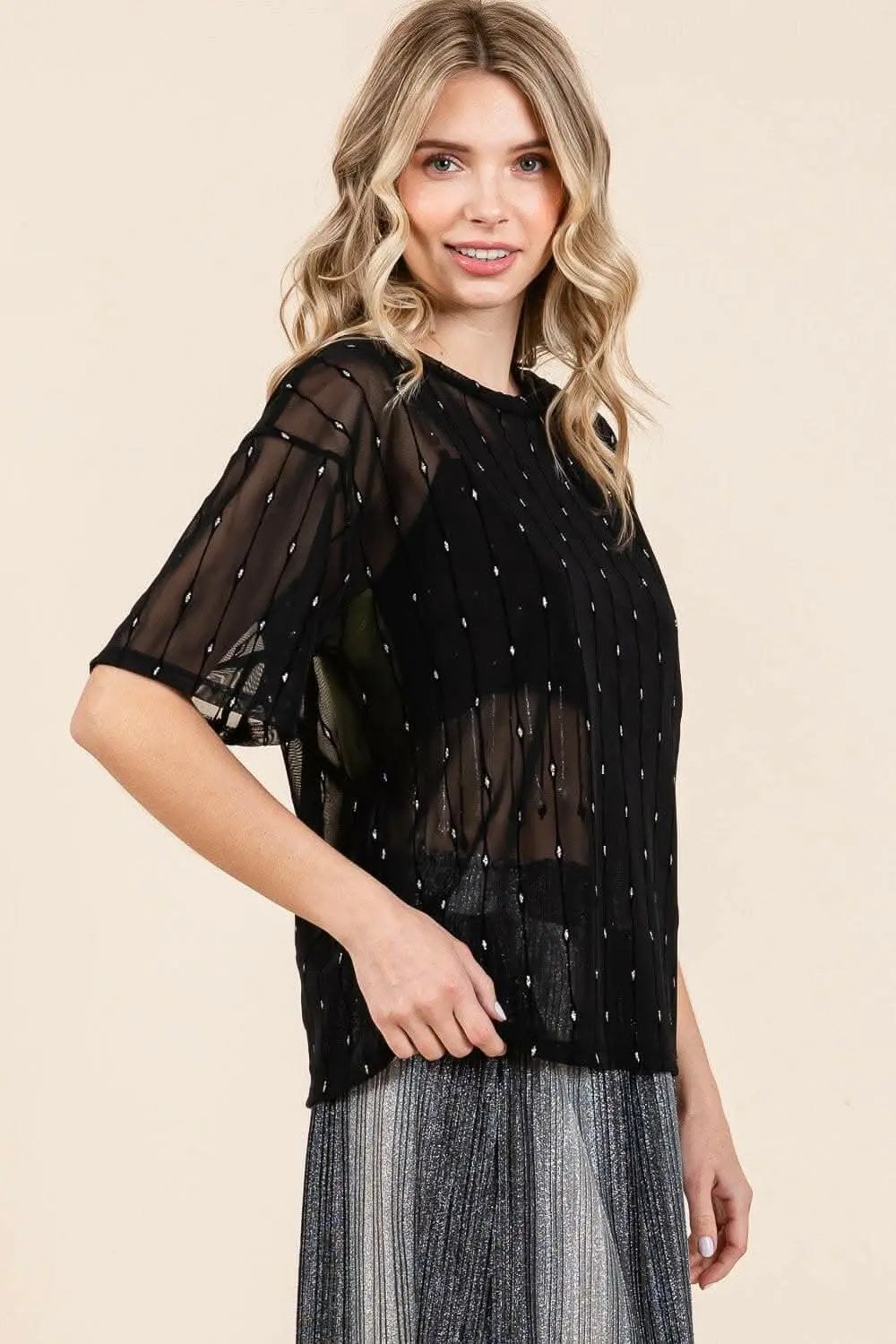 Pants Trendsi Sparkling Mesh Top Women's Party/Club Top Sexy Drop Shoulder