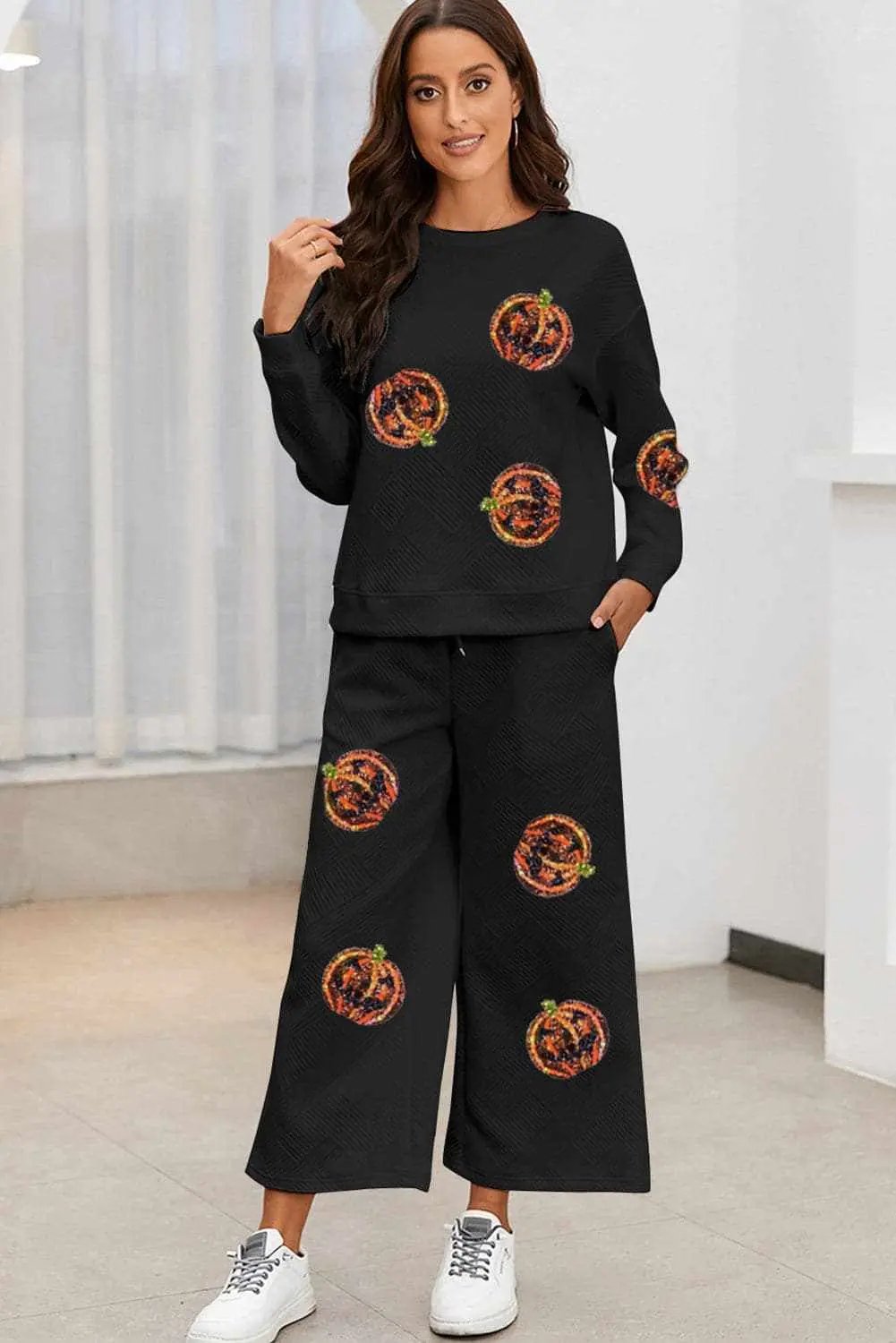 Two-Piece Sets Trendsi Sparkling pumpkin patch set with pockets