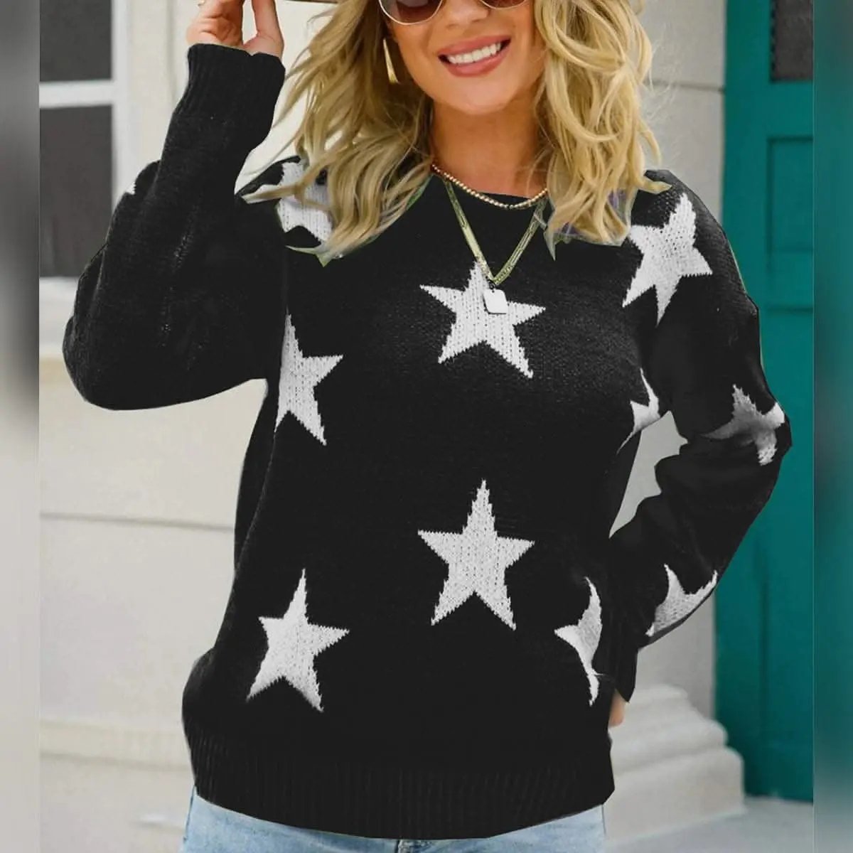 Star Print Acrylic Knit Pullover Sweater by Trendsi