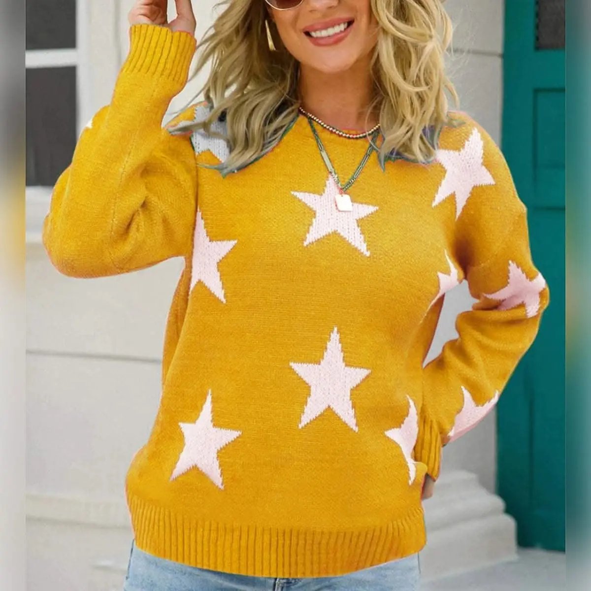 Star Print Acrylic Knit Pullover Sweater by Trendsi