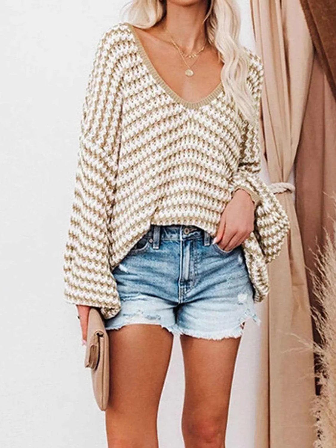 Sweaters Trendsi Striped V-Neck Drop Shoulder Sweater