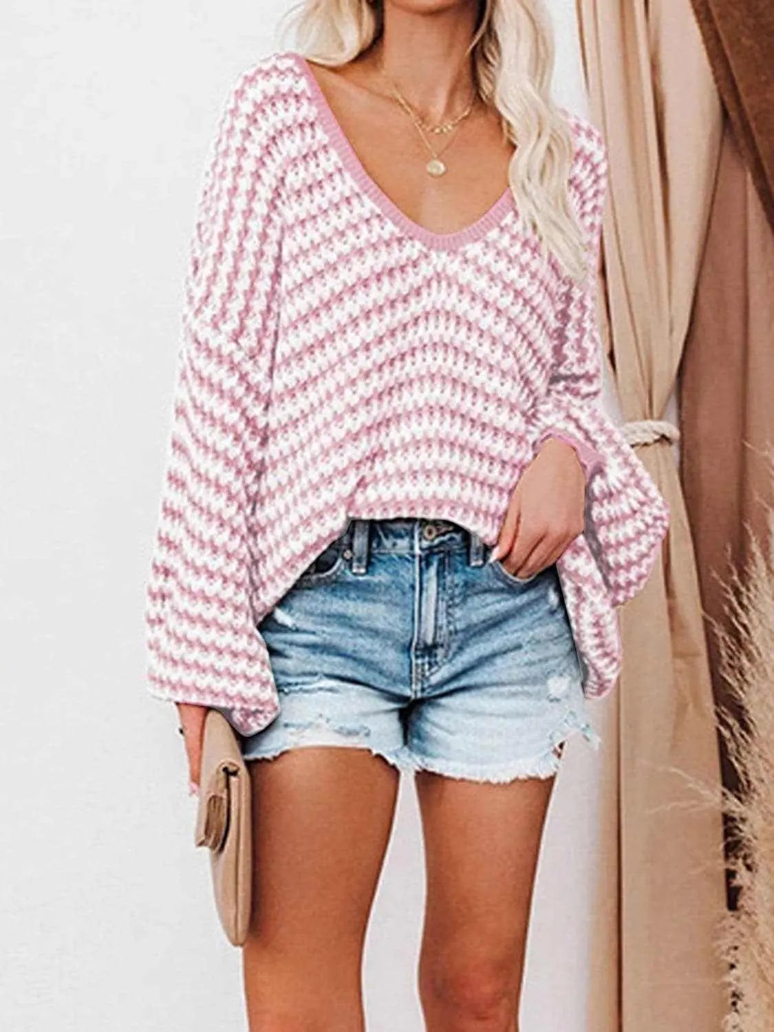 Sweaters Trendsi Striped V-Neck Drop Shoulder Sweater