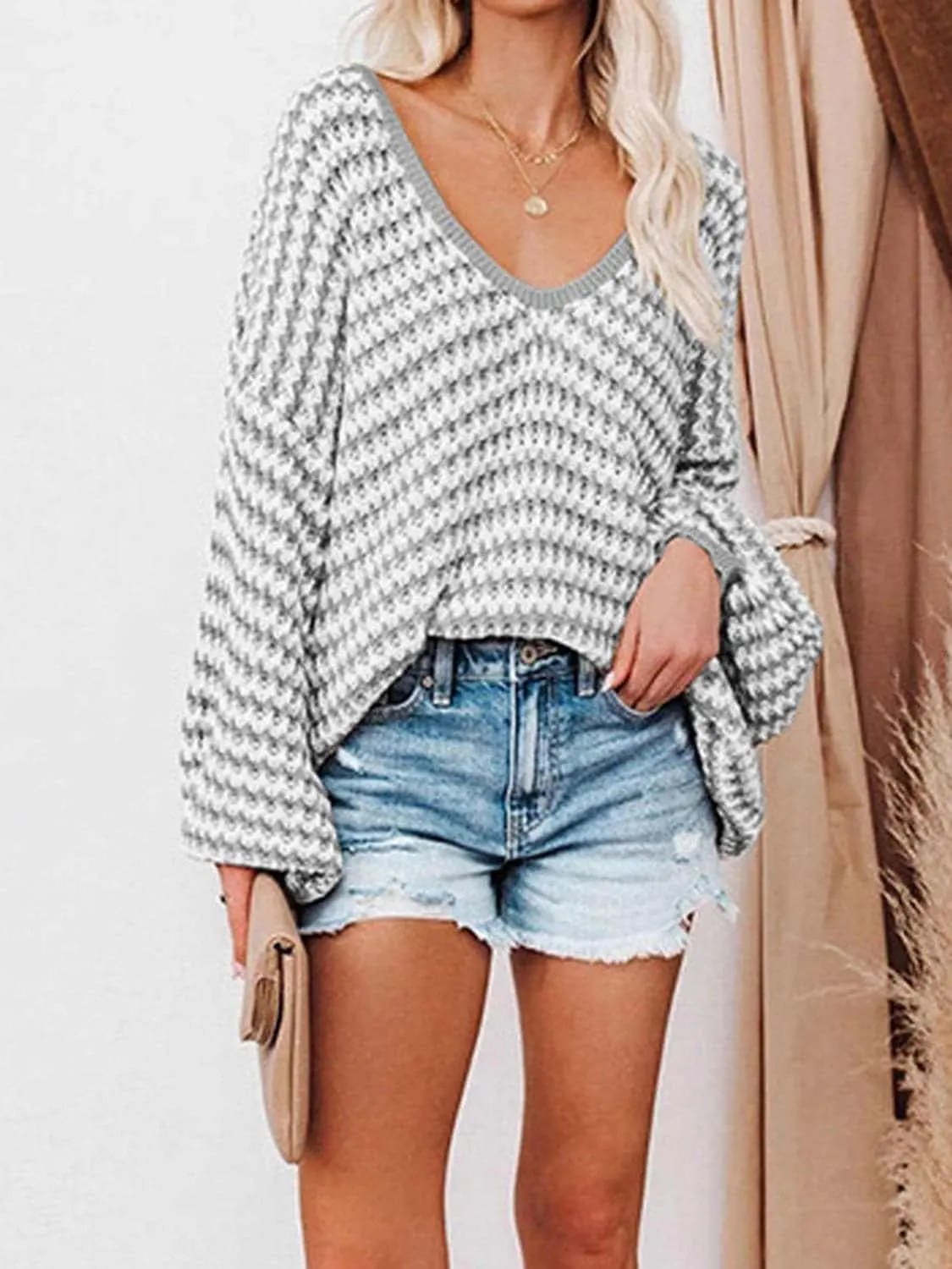 Sweaters Trendsi Striped V-Neck Drop Shoulder Sweater