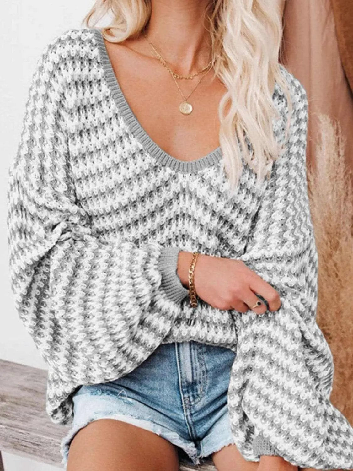 Sweaters Trendsi Striped V-Neck Drop Shoulder Sweater