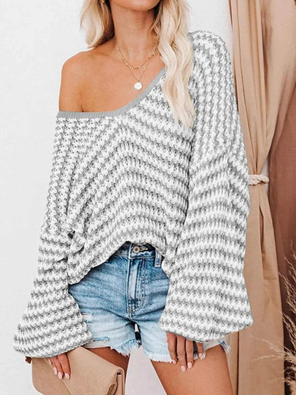Sweaters Trendsi Striped V-Neck Drop Shoulder Sweater
